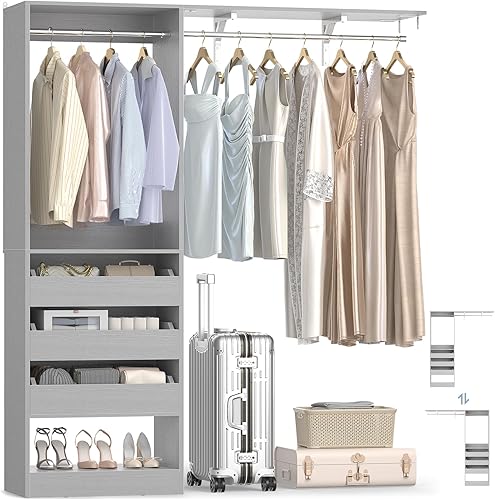 Miniatura 9 de Sistema de armario colgante con 2 cestas de lavandería, sistema organizador de armario de madera con torres y varillas para colgar, se adapta a