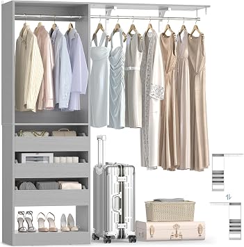 5FT Closet System with 3 Half-Open Wooden Drawers, 60 Closet Organizer System with 2 Reversible Hanging Rods and Big Wing Shelf, 80" Tall Wall Mounted Wardrobe for Walk-in Closets, Grey