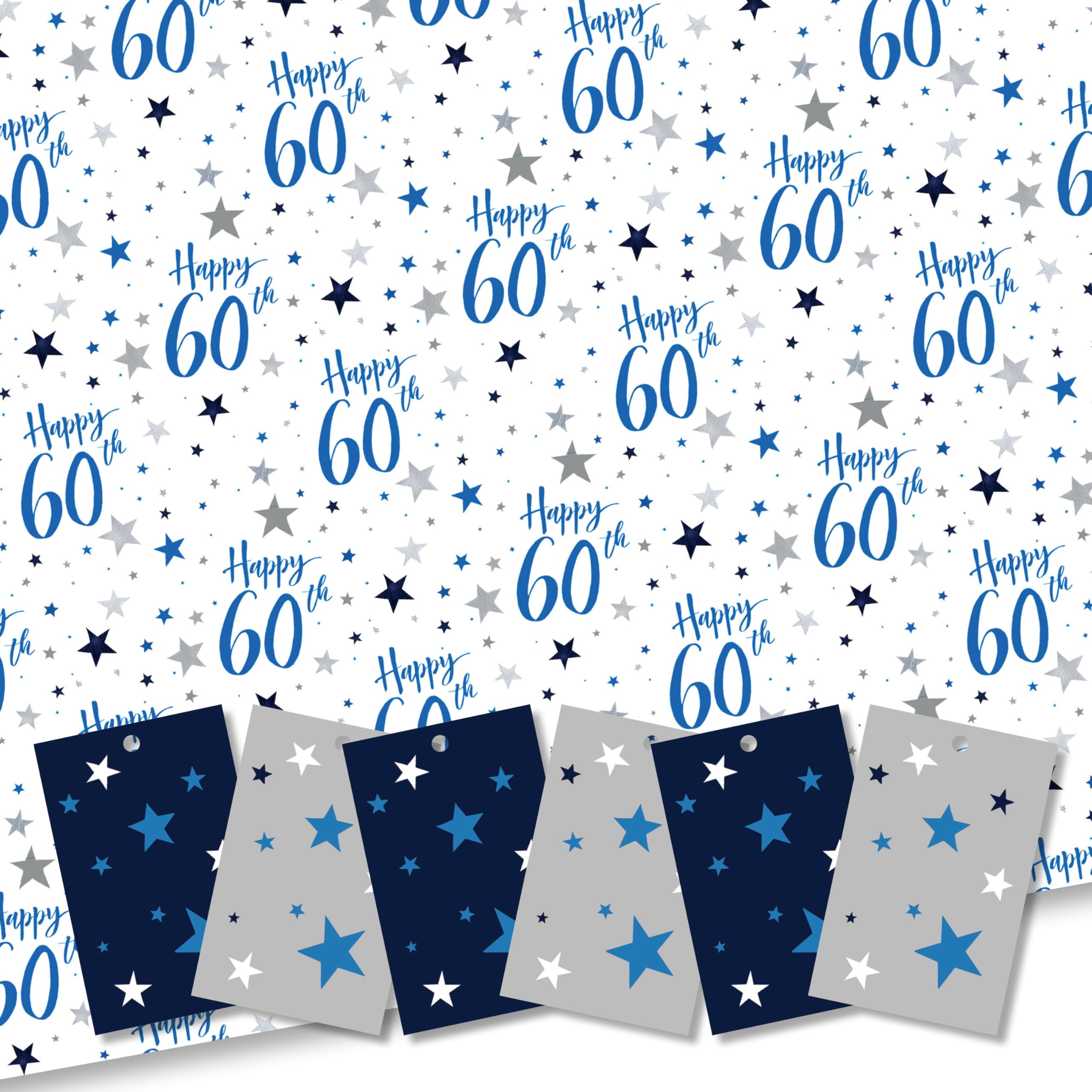 Happy 60th Birthday Gift Wrap. 5 XL Sheets (50 x 70cm). Wrapping Paper with matching Gift Tags. Cutting grid on reverse. Made in Britain.
