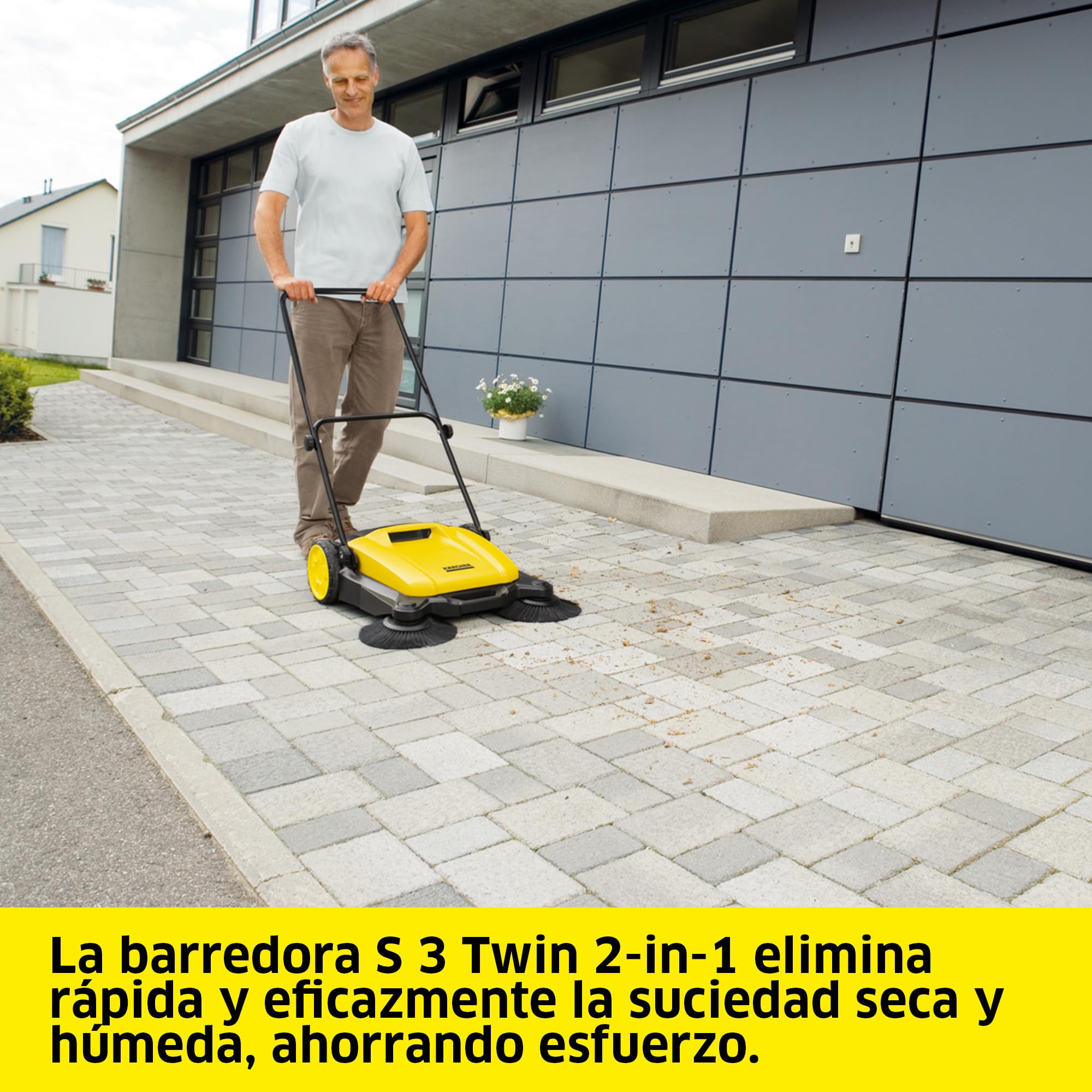 Kärcher S 3 Twin - Barredora 2 en 1, Ancho de Trabajo: 650 mm, hasta 1.800 m²/h de Superficie, contenedor: 16 l, Peso: 9,7 kg, 2 cepillos Laterales para Suciedad Seca, 2 cepillos Laterales para