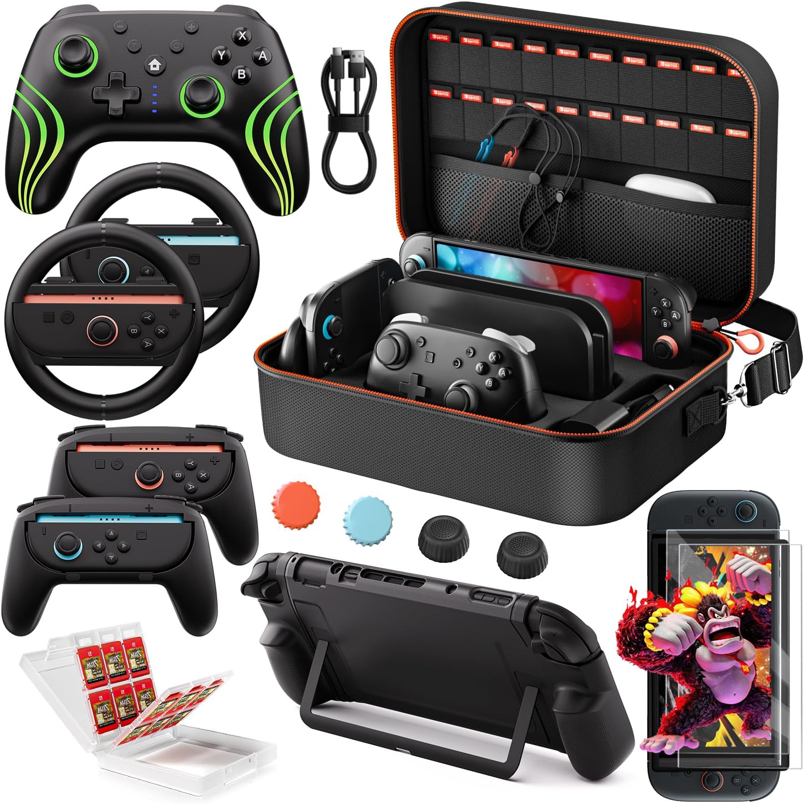 Switch 2 Pro Controller Accessories Bundle 15-in-1, All In One Carrying Case, Joycon Grip, Screen Protectors, Protective Case, Steering Wheels, Game Card Case Thumb Grips for Nintendo Switch 2 Console