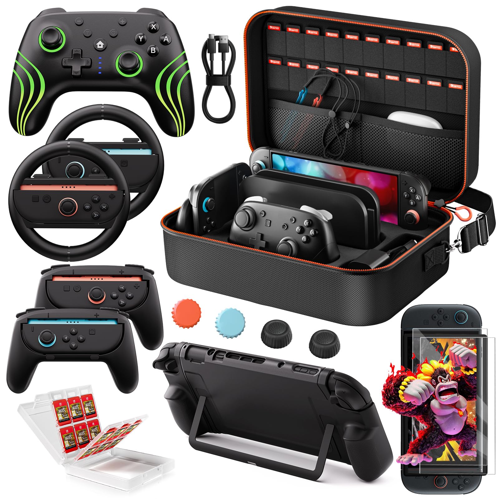 Photo 1 of COOWPS Switch 2 Pro Controller Accessories Bundle 15-in-1, All In One Carrying Case, Joycon Grip, Screen Protectors, Protective Case, Steering Wheels, Game Card Case Thumb Grips for Nintendo Switch 2