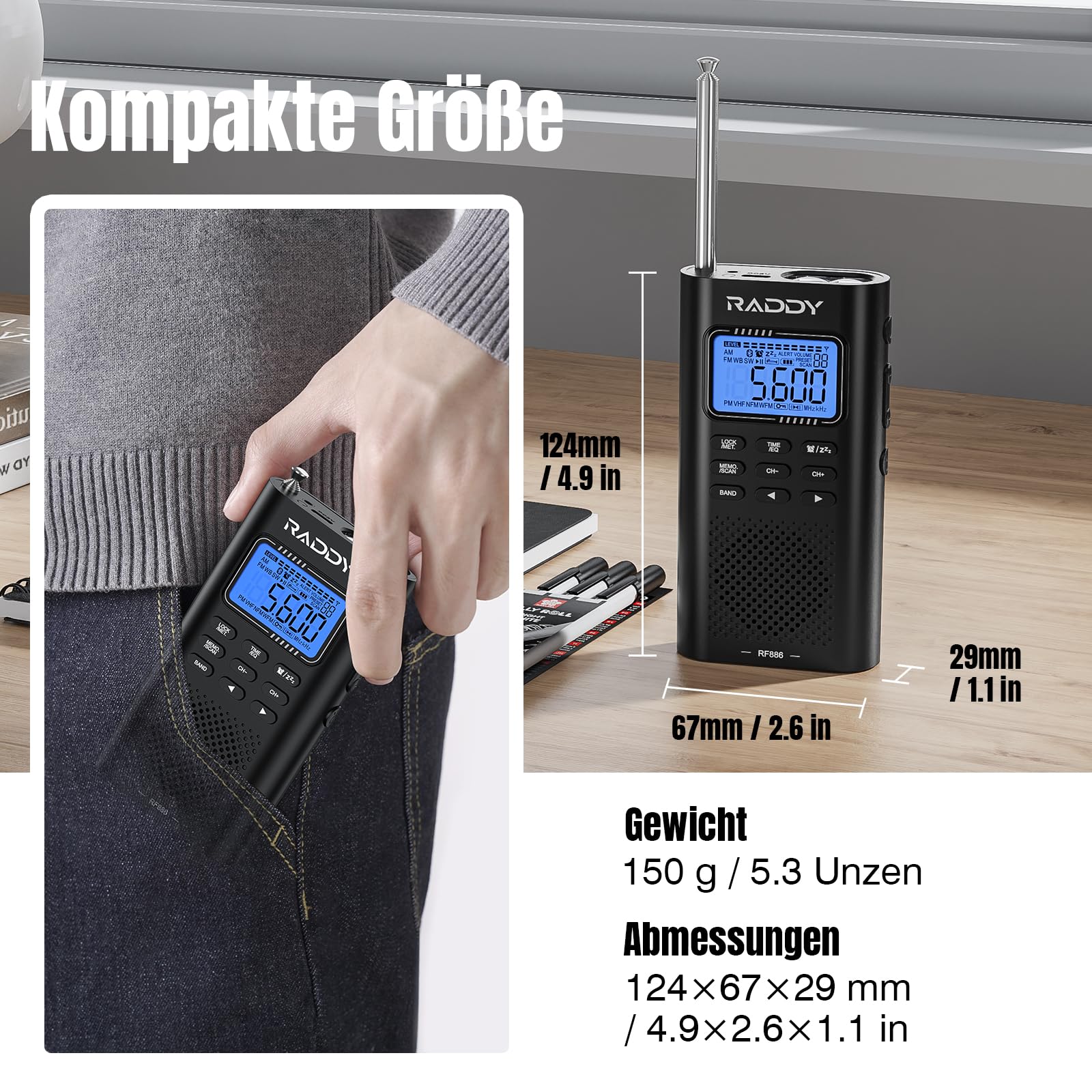 Raddy RF886 Tragbares Kurzwellenradio Kleines AM/FM/SW/UKW-Radio Digitalradio, Radio Batteriebetrieben und BT-Lautsprecher, 3 M Externe Antenne