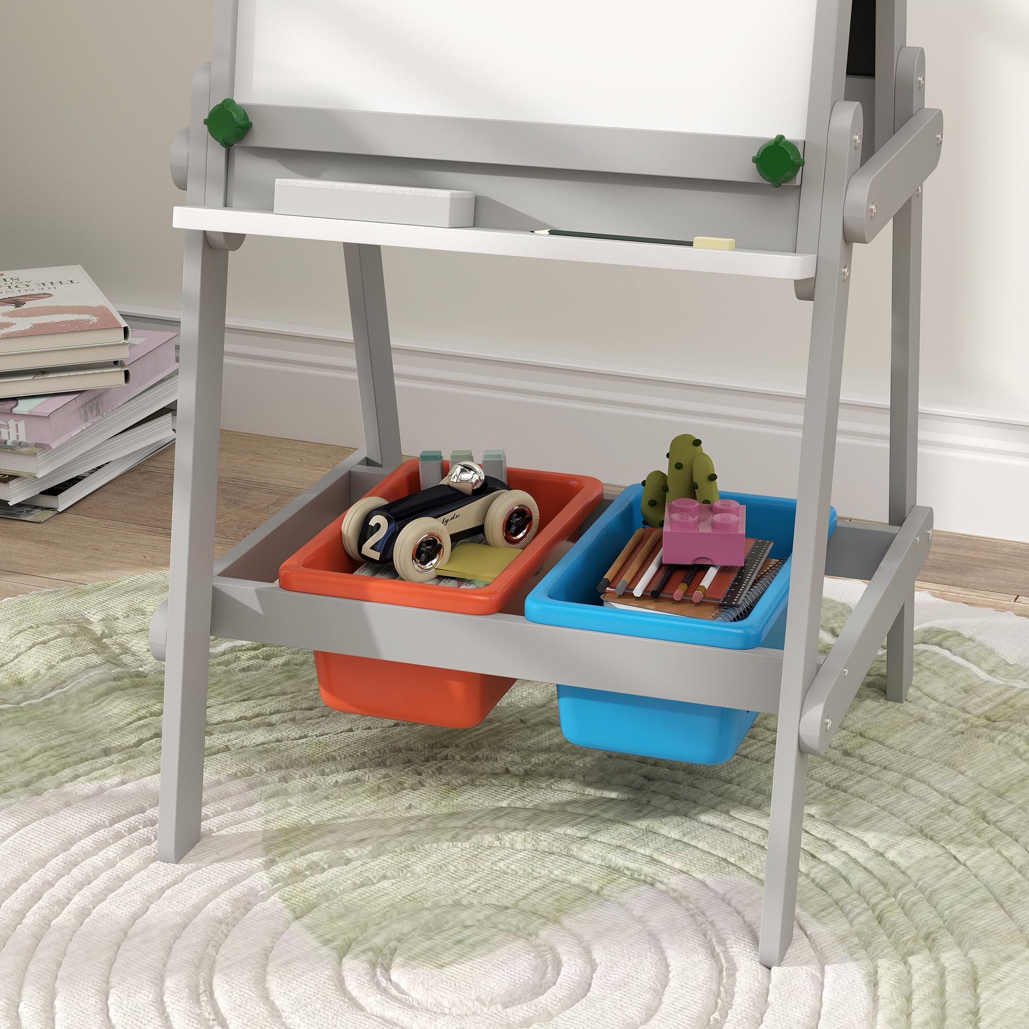 AIYAPLAY Pizarra Infantil Caballete de Pintura para Niños 3 en 1 Pizarra de Doble Cara con Borrador Rollo de Papel y Cajas de Almacenaje Gris