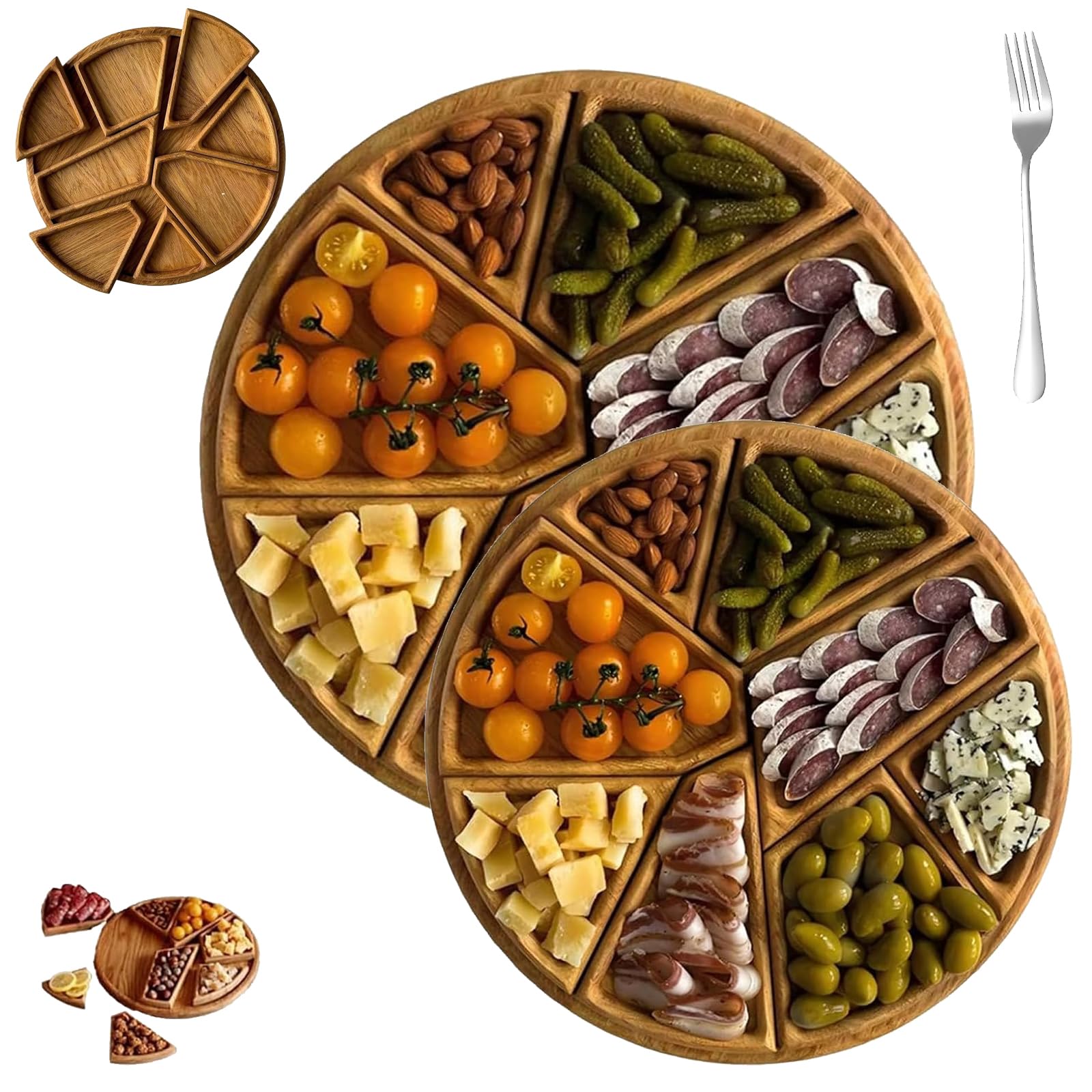 Grand Plateau de Service en Bois avec 8 Compartiments Amovibles, idéal pour Les Fruits, Les Noix, la Viande et Les sauces. Parfait pour la Table Basse, Le Salon et Les Pique-niques (Petit et