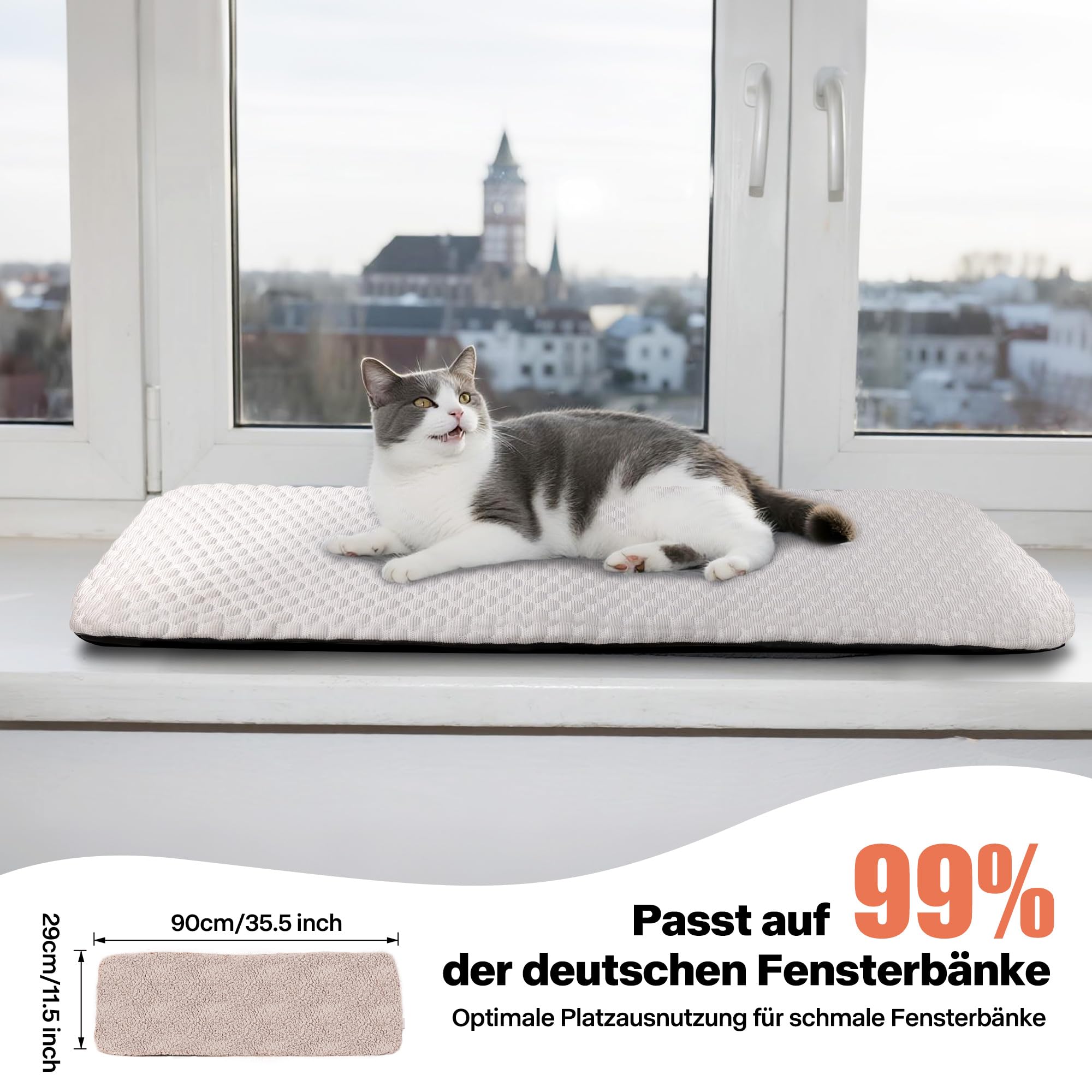 Pet Prime Katzen Fensterliege – Katzenbett Flauschig Fensterbank Liegeplatz mit Rutschfester Unterseite, Leises Kissen, 2 Abnehmbare Bezüge (Netz & Plüsch), 90x29 cm für Gemütliches Sonnen & Schlafen