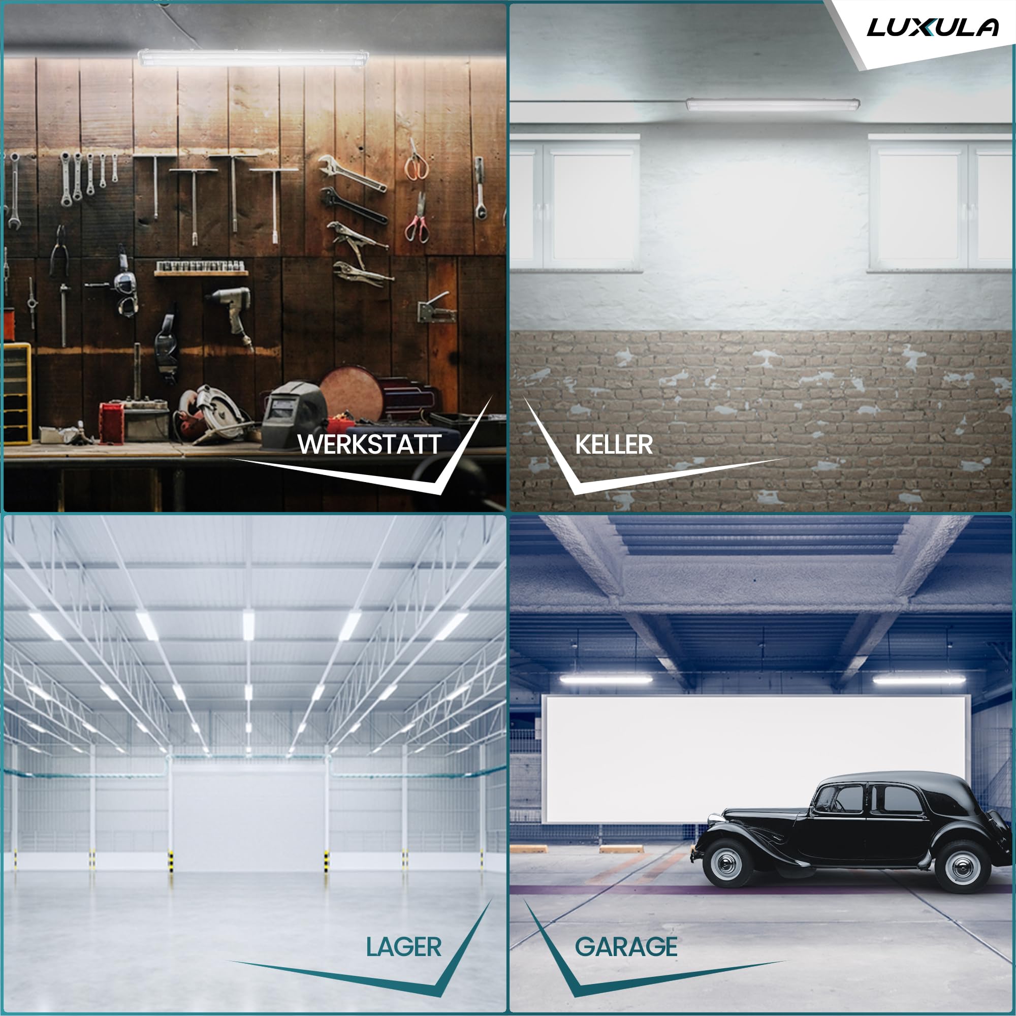 LUXULA 4er Pack LED Feuchtraumleuchte mit 2x18W LED-Röhren T8-120cm - 3600lm - 4000K Neutralweiß - IP65 IK08 - Wannenleuchte Werkstatt Keller Garage