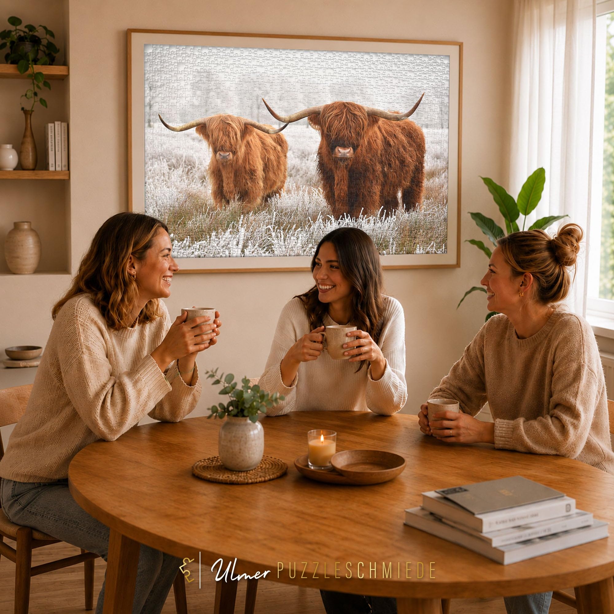 Ulmer Puzzleschmiede - Puzzle "Winterfreunde" – zimowe puzzle ze zwierzętami – motyw puzzli z dwoma kudłatymi górskimi bydłami – wspaniały kontrast między zwierzęciem a naturą