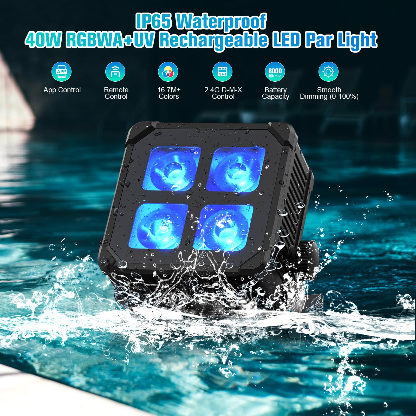 40W IP65 wasserdichtes LED Par Akku RGBWA+UV Bühnenlicht kabelloses wiederaufladbares mit Remote/App/DMX512-Steuerung Outdoor Uplight für Hochzeiten, Konzerte, Hausdekoration, Halloween