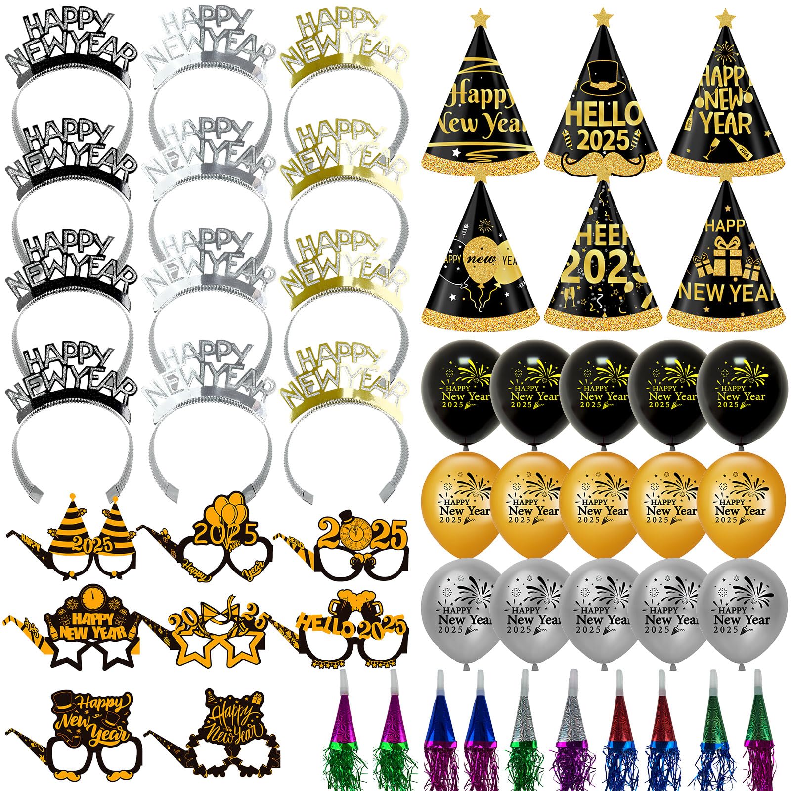 CIEOVO New Years Eve Party Supplies Includes New Year Paper Eyeglasses Black Gold Party Hats