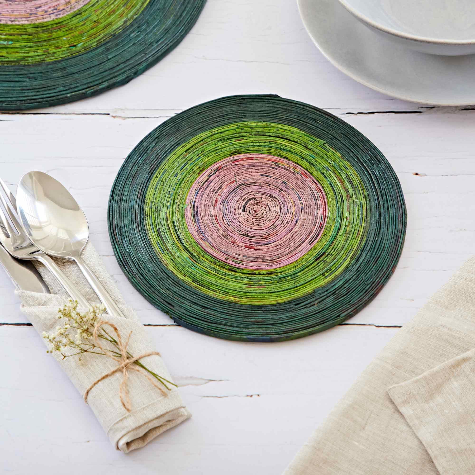 Recycled Newspaper Round Placemats - Dark Green/Green/Lilac | Small | Sustainable | Handmade Colourful | Fair Trade Gifts for Men and Women