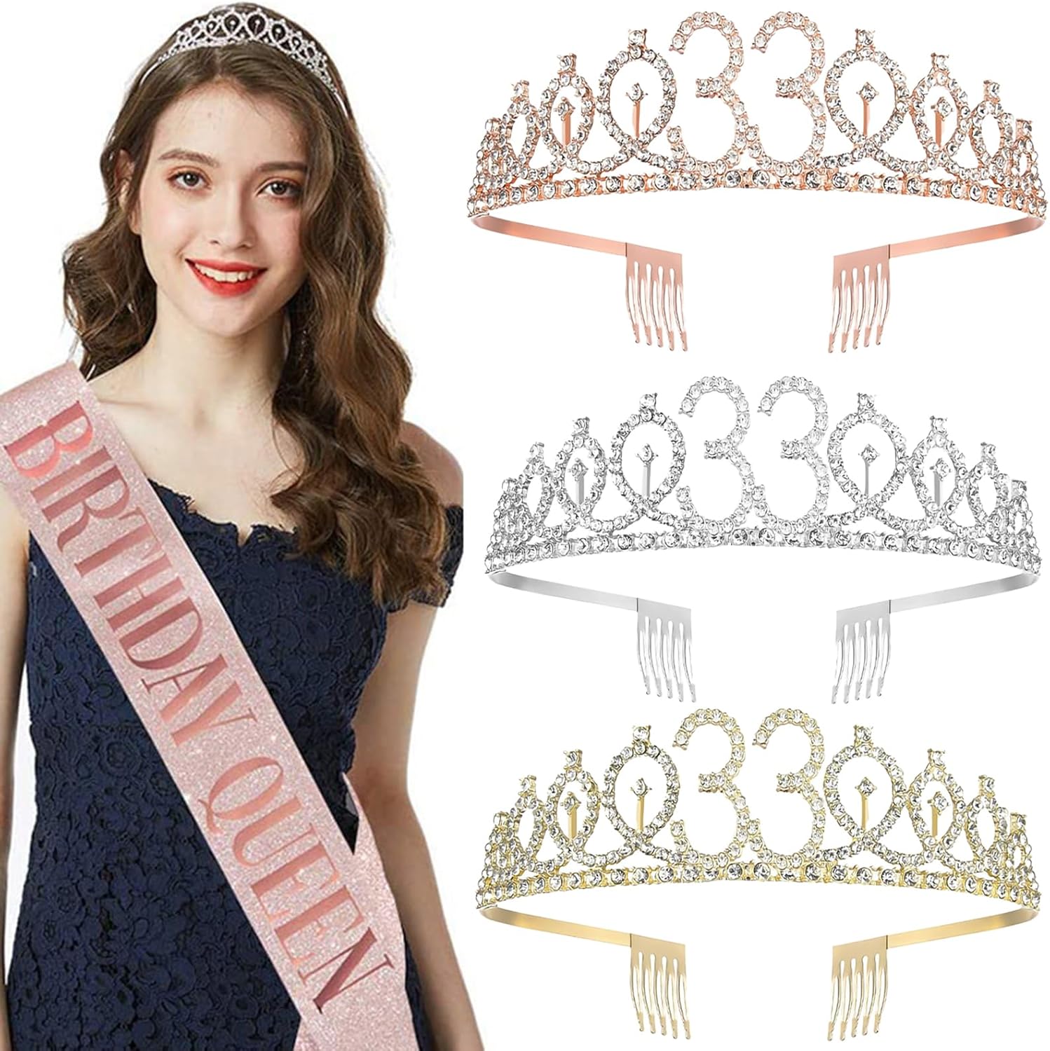 33rd Birthday Sash and Tiara for Women, 33 & Fabulous Birthday Sash and Crown for Party Favors Supplies and Decorations, Rose Gold - Image 6