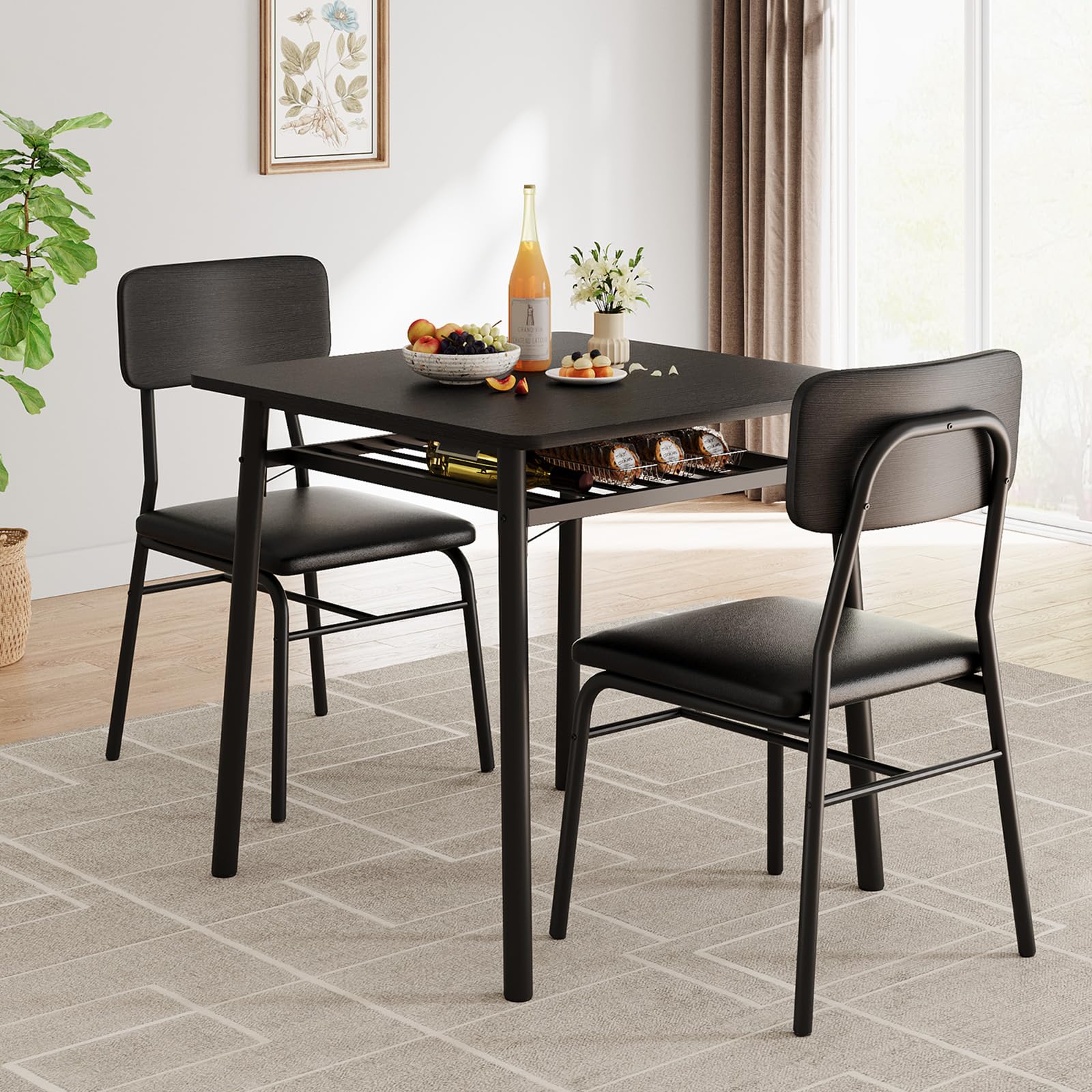 Ensemble Table à Manger avec 2 Chaises, Table de Cuisine, Chaise Rembourré Cuir, Noir