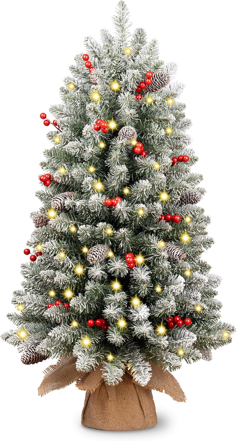 4FT Pre-lit Artificial Mini Christmas Tree, Tabletop Christmas Tree, 100 LED Lights and Cloth Bag Base, Perfect for Indoor Outdoor Decoration