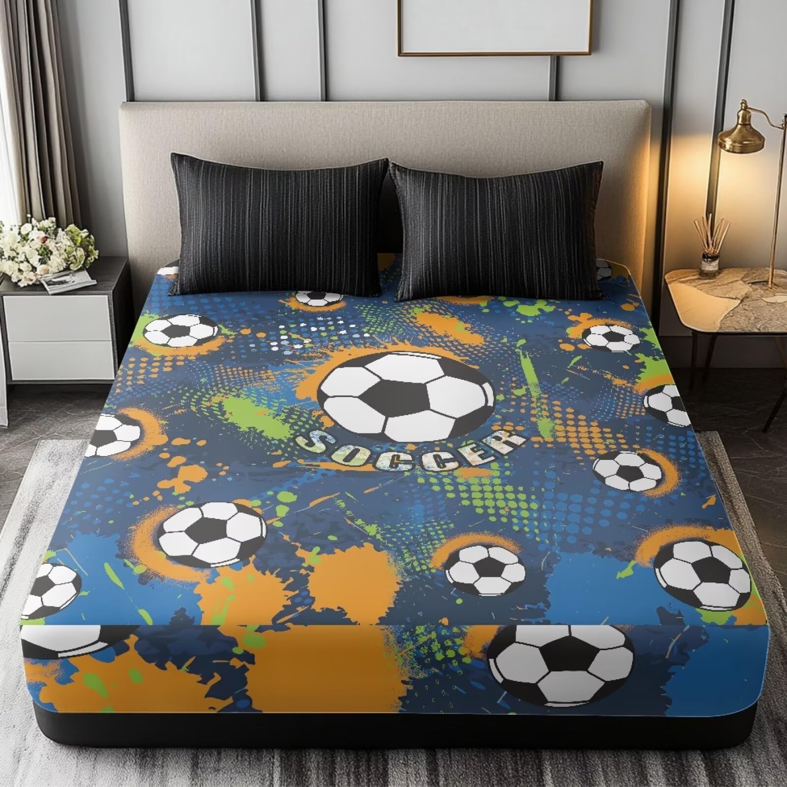 GLENLCWE Soccer Ball Print Bed Sheet Cal King Size for Kids Bedroom Decor Microfiber Cartoon Style Bed Cover with 16