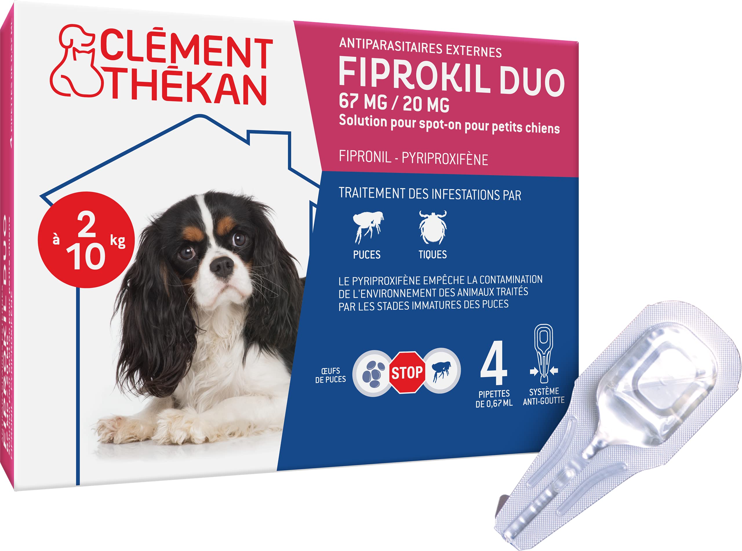 Fiprokil Duo Petits Chiens Clément Thékan (2-10 kg) - Anti-Puces/Tiques - Élimine parasites/Oeufs - Protège Jusqu’à 7 semaines l’Animal et 12 semaines l’Environnement - 4 pipettes Spot on