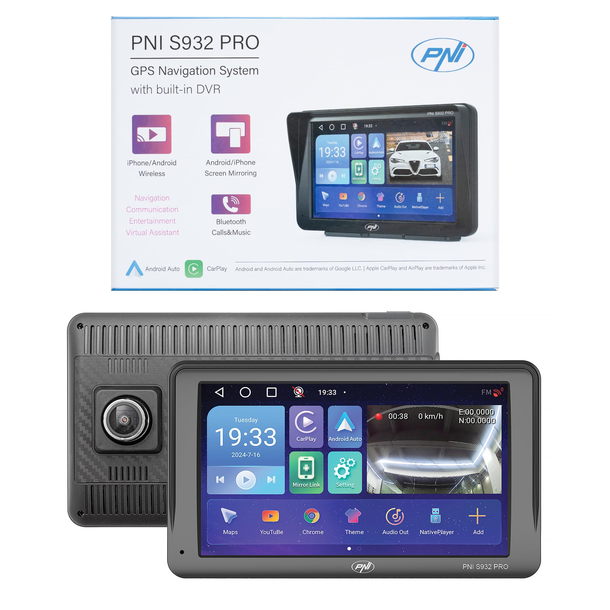 Sistema di navigazione GPS con DVR integrato PNI S932 Pro Display 7 pollici, memoria 32 GB, RAM DDR3 2 GB, Android 13, trasmettitore FM, Mirror Link, Carplay e Android Auto, telecamera
