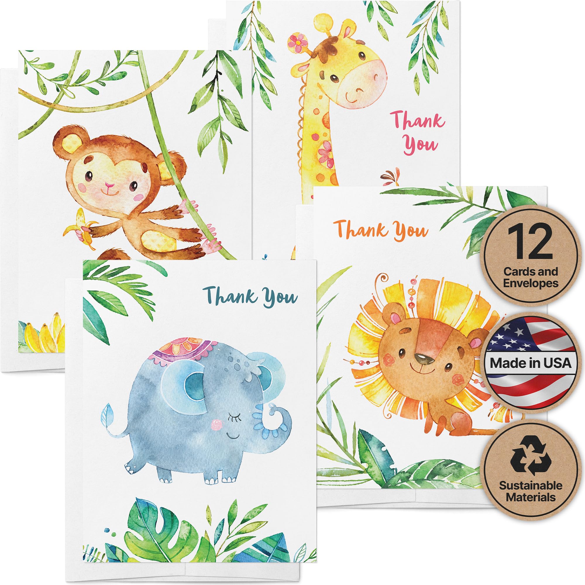 Twigs Paper Baby Shower Thank You Cards, 12 Jungle Animal Note Cards