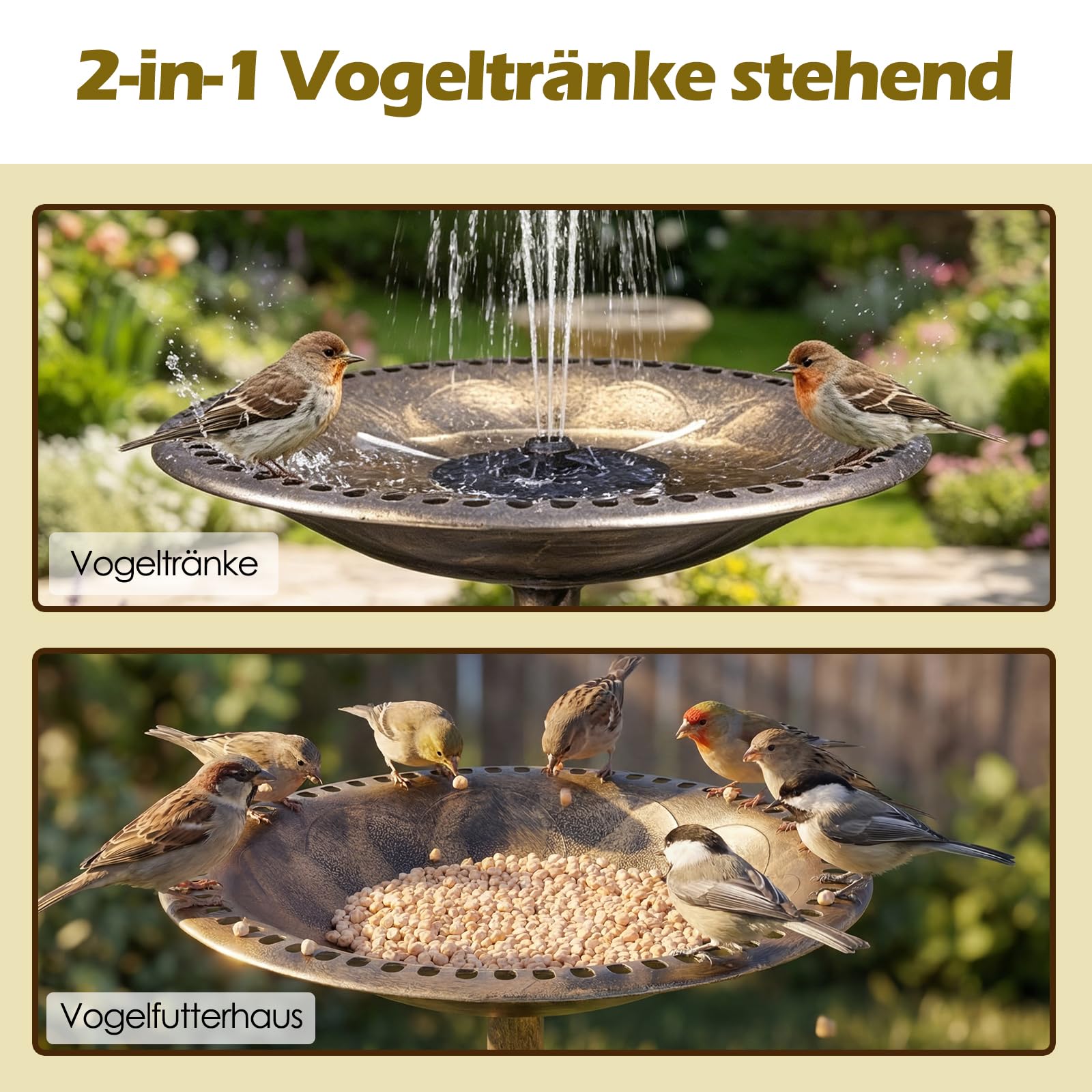 GYMAX Vogeltränke stehend, 2-in-1 Vogelbecken mit Solar-Springbrunnen, Vogelbad Garten mit Blumenkübel & befüllbarem Ständer, Vogelfutterstelle, Futterstation für Balkon & Garten