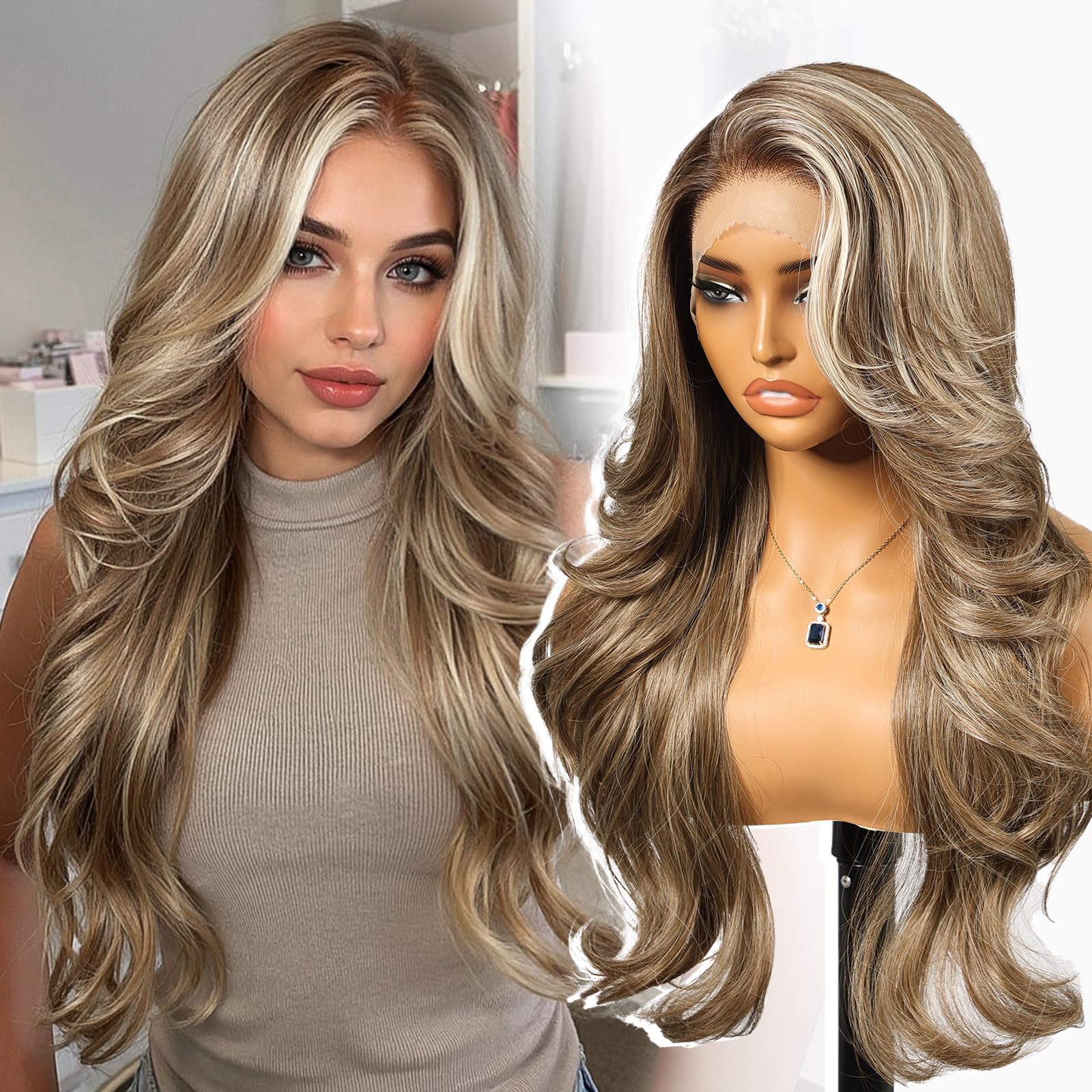 KOME Ash Brown Highlight 13×4 Layered Wave Synthetic Lace Front Wig 26IN