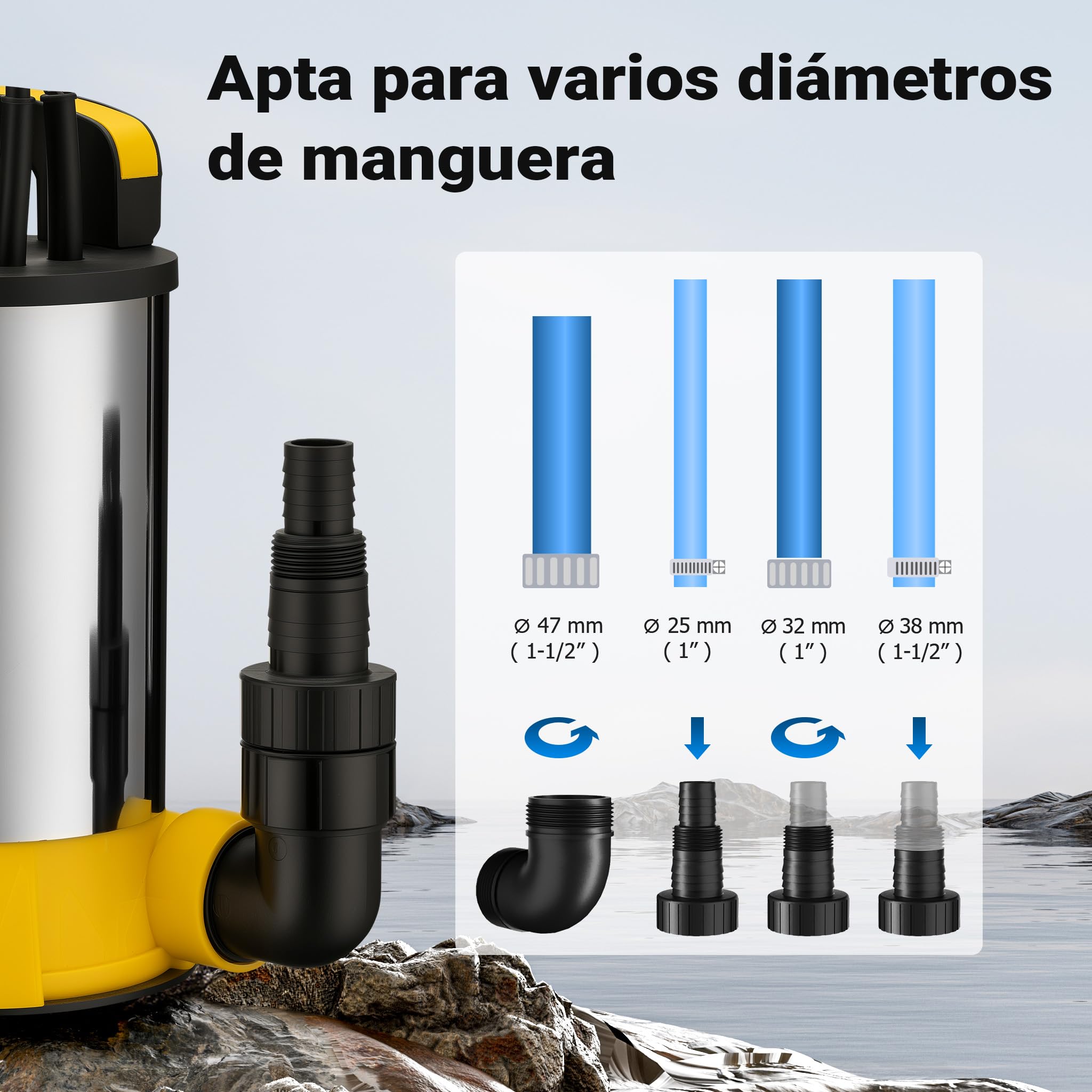 Wiltec Bomba sumergible de aspiración plana 850W 15000 l/h 8,5 m PPO acero inoxidable