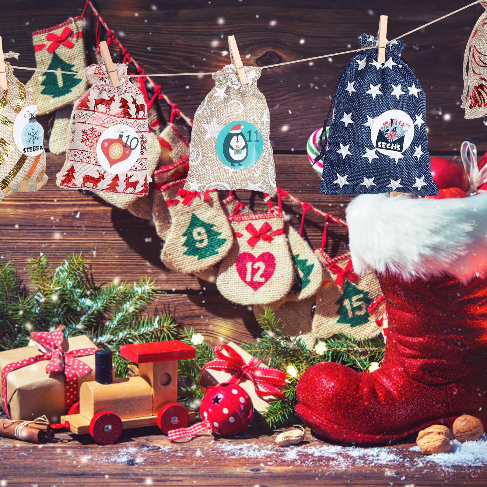 VALICLUD Sachets Cadeaux Jute pour Noël Petits Sacs à Cordon pour Calendrier de Jours Sachets de Bonbons Festifs Accessoires pour Compte à Rebours de Noël