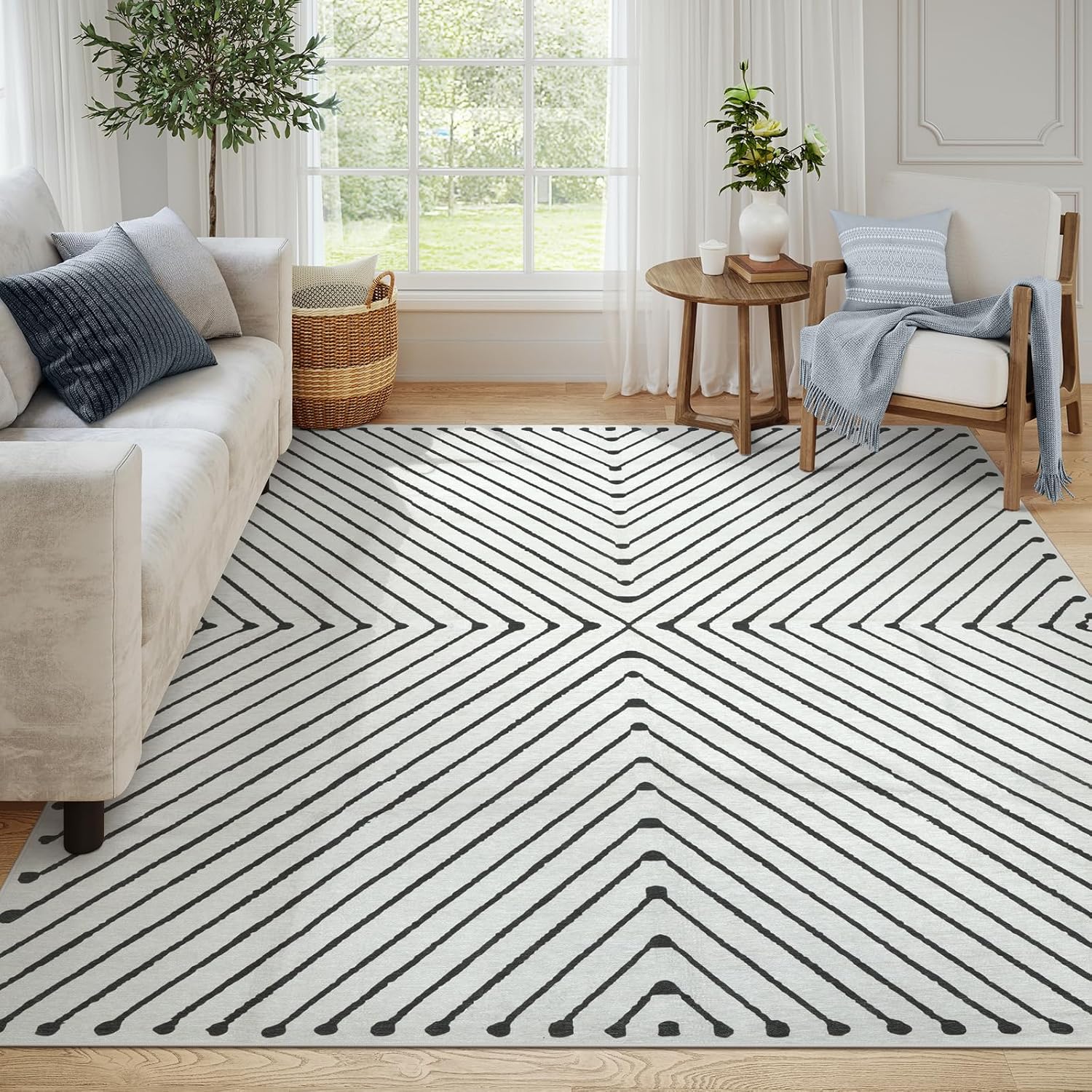 LIVEBOX Ultra-Thin Washable 8x10 Area Rugs - Modern Area Rugs for Living Room with Non-Slip Backing Non-Shedding Large Area Rug for Bedroom Living Room Dining Room Office 8 x 10' 01-ivory Gray/Black