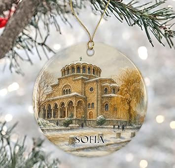 Sofia Bulgaria Watercolor Ornament - Ceramic Christmas Keepsake - Honeymoon Anniversary - Travel Souvenir - Housewarming Present - Gift for Bulgaria Lover Printed on Both Sides