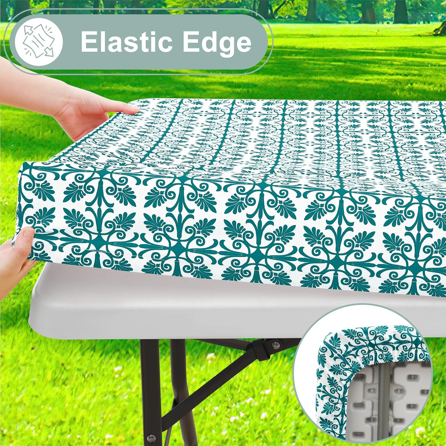 misaya Picnic Table Cover with Bench Cover, Waterproof Elastic Fitted Tablecloth for 6 Foot Tables, Rectangle Washable Polyester Tablecloths for Picnic, Camping, Outdoor (Turquoise, 30" x 72")