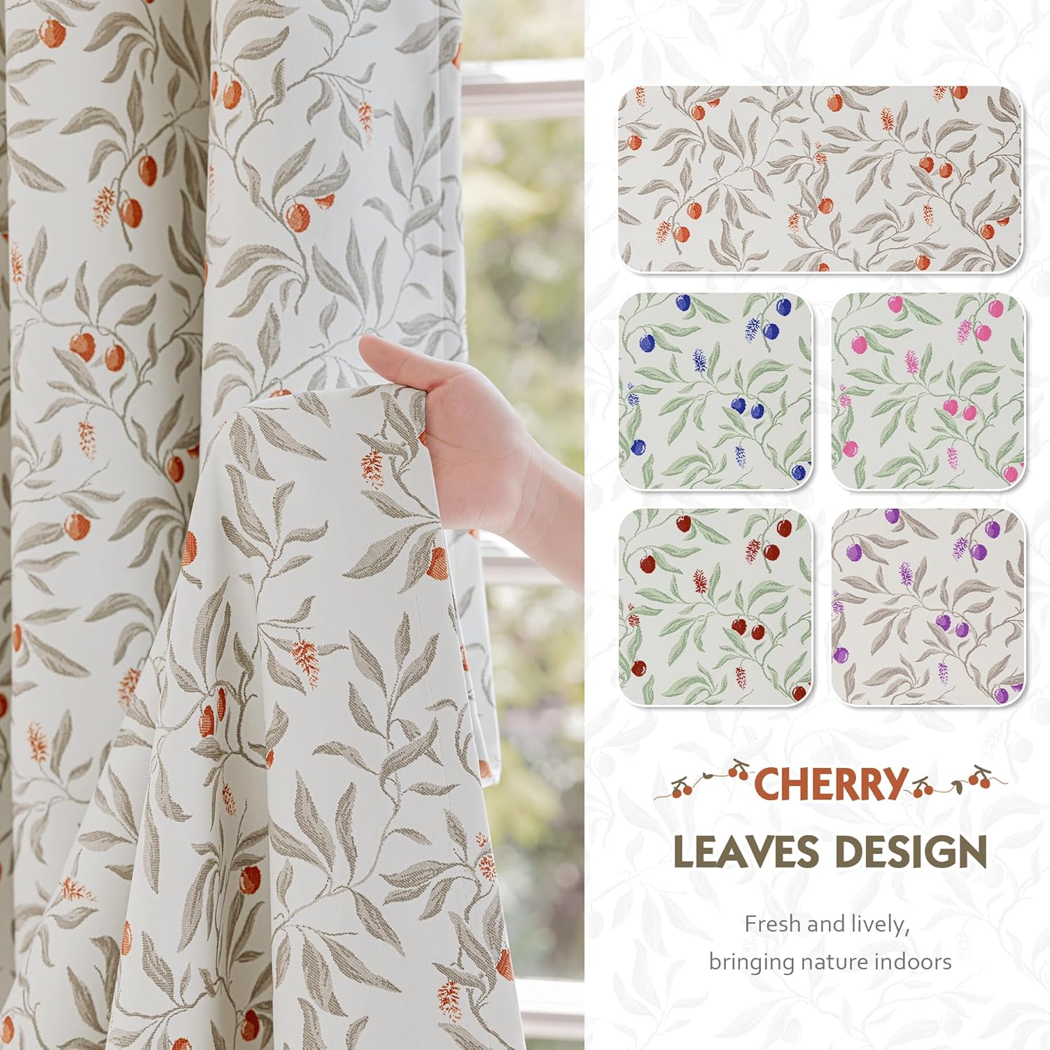 100% Blackout Beige Curtains 96 Inches Long for Bedroom, Orange and Taupe Cherry Leaves Patterned Curtains for Living Room, Farmhouse Thermal Insulated Botanical Drapes Grommet 2 Panels Set