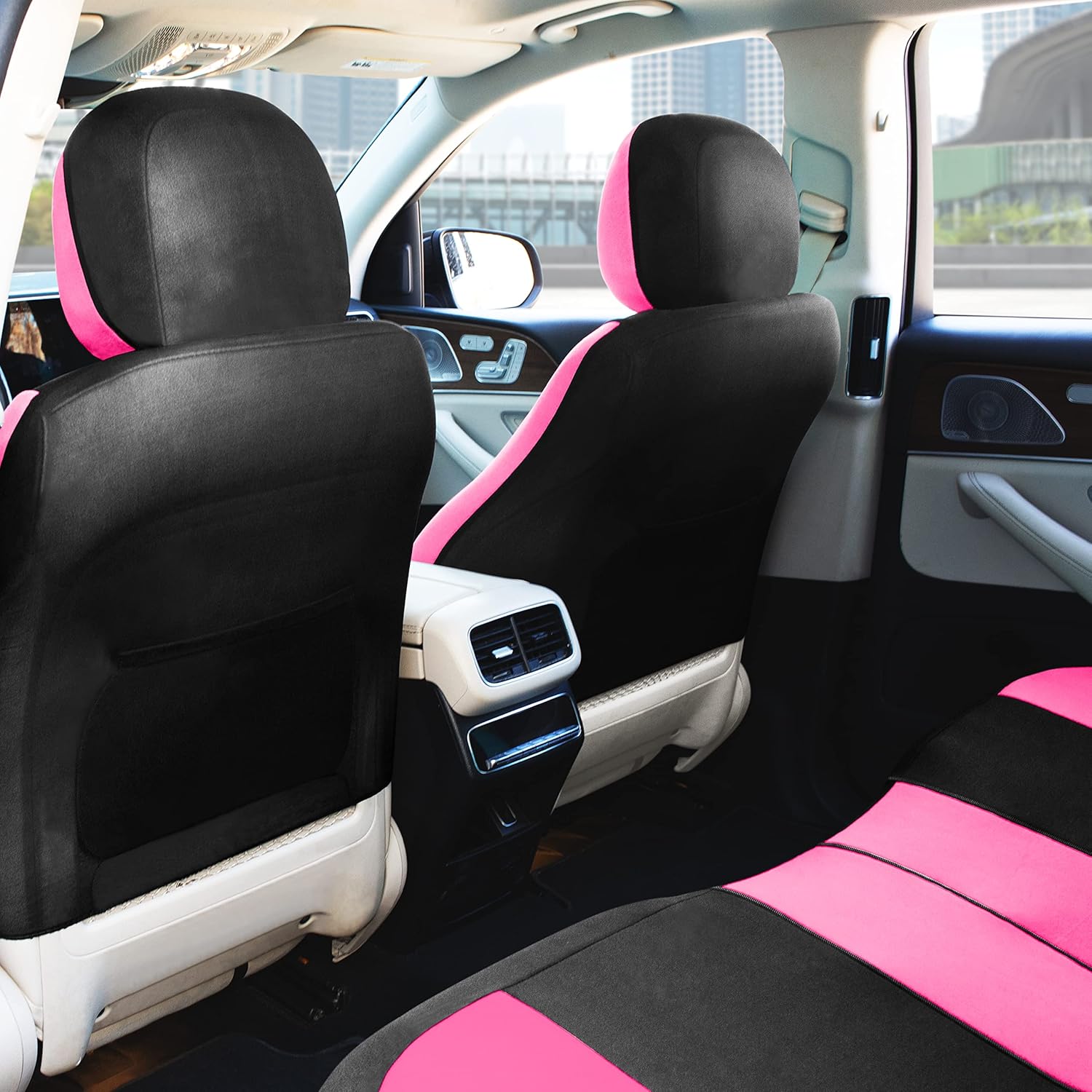 TLH Light and Breezy Flat Cloth Automotive Car Seat Covers Full Set Split Bench Airbag Compatible Pink Color Universal Fit Car Seat Protector and Interior Accessories for Cars, Auto, Trucks, SUV