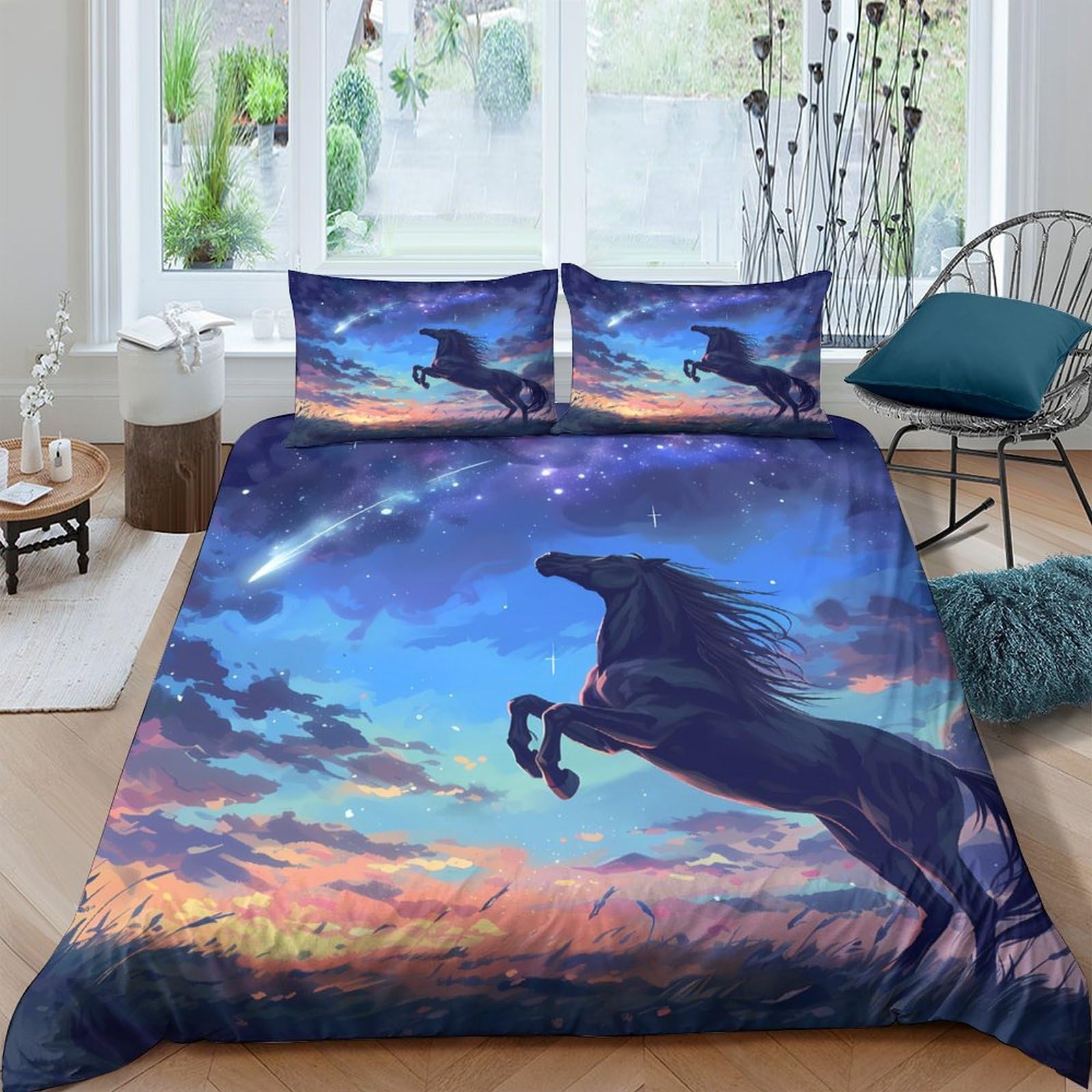Ctjqhvkz Style-5 3D Printed Galaxy Starry Sky Fitted Sheet Microfiber Soft Black Horse Sunset Bed Cover For Bedroom Dorm Decor Single（135X200cm）
