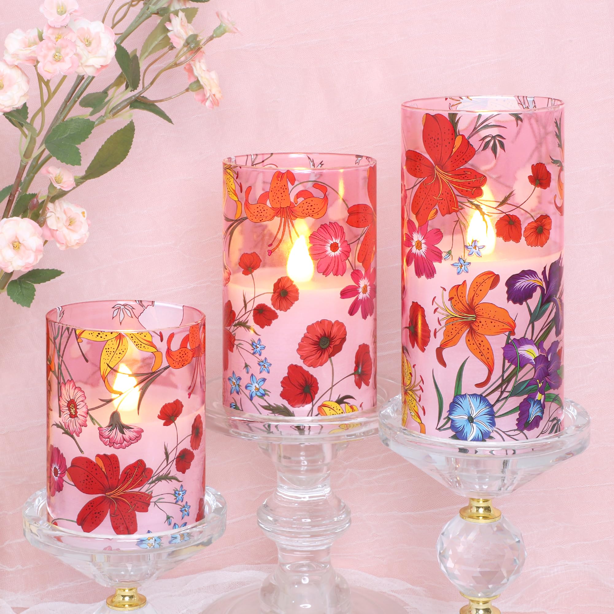 Flameless Candles Glass with Remote Control &amp; Timer Function, Red Multicolor Flower Design LED Candles, Home Party Wedding Christmas Spring Summer Decor, Set of 3