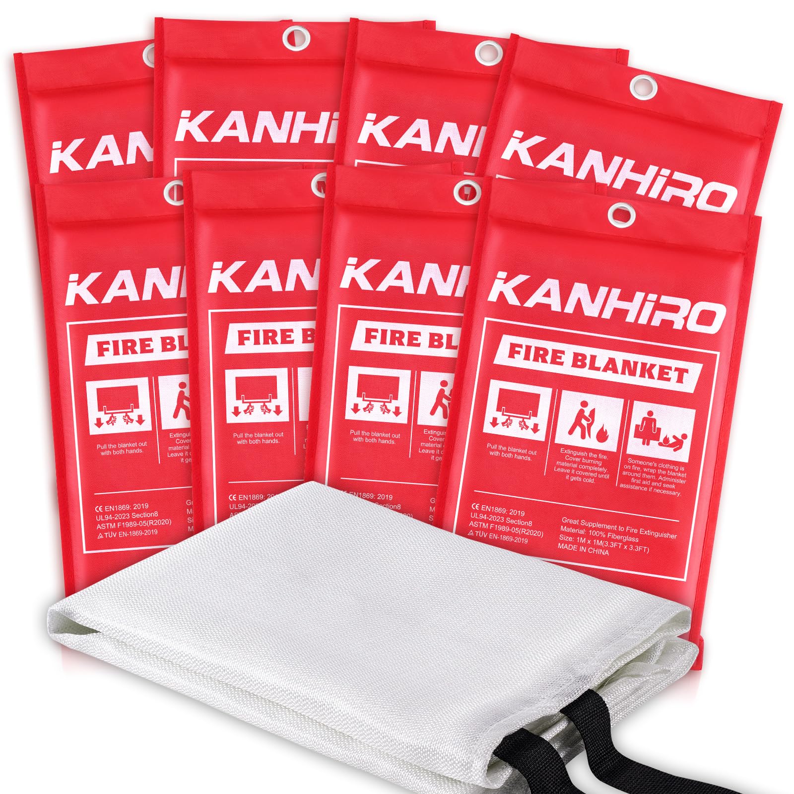 Emergency Fire Blanket for Home Kitchen - KANHIRO Fiberglass Fire Suppression Blanket Great for School, Fireplace, Grill, Car, Office, Warehouse (8 Pack, 39 in X 39 in)
