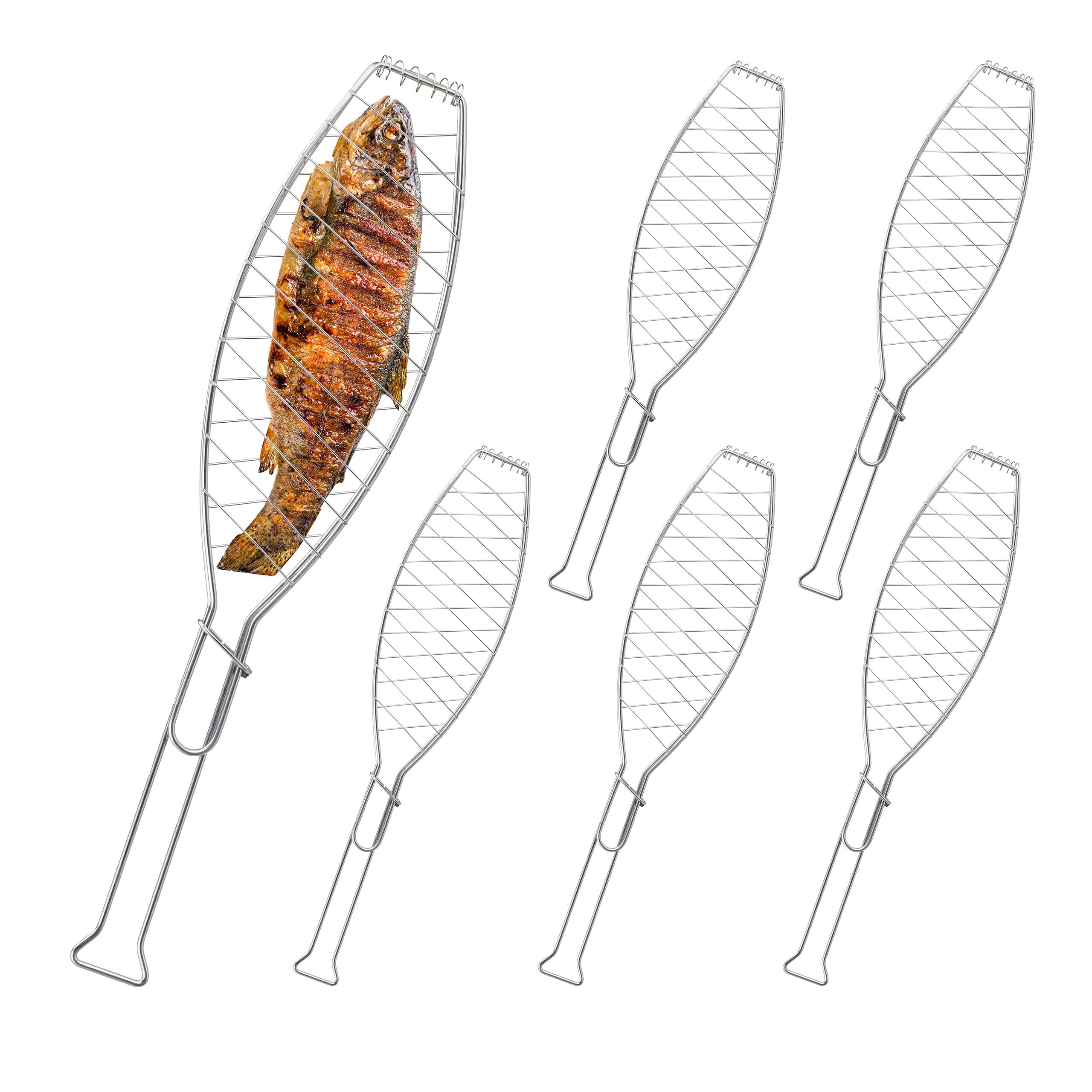 Relaxdays Set 6 Cestelli per Barbecue, Graticola Pesce Grigliato, Girarrosto Griglia in Acciaio Inox L: 54 cm, Argentato