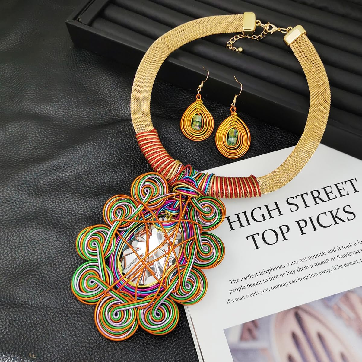 African Jewelry Sets Statement Big Crystal Pendent Necklace Earrings Set For Women Handmade Bib Collar Costume Tribal Fashion Accessories - Image 5