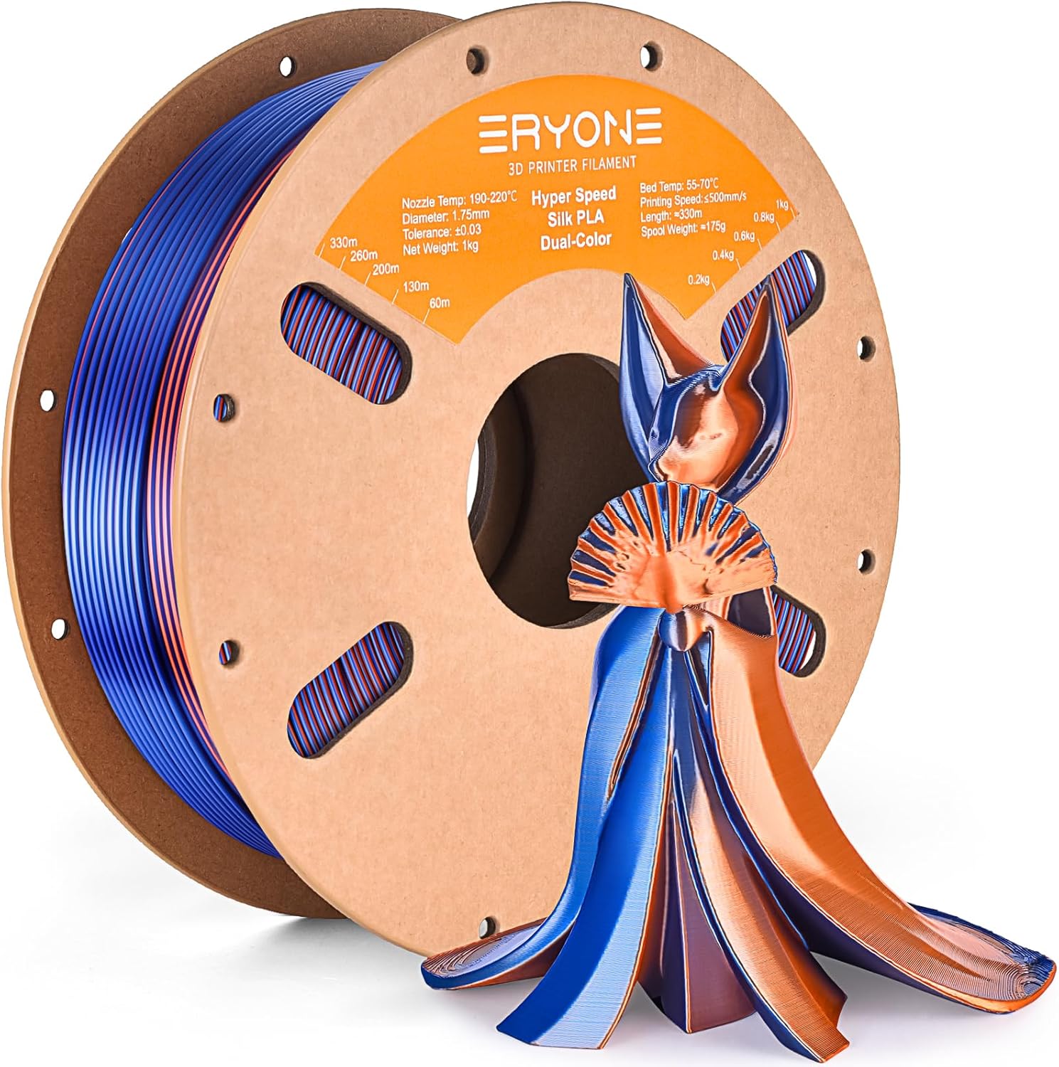 ERYONE Silk Filament PLA+ 1.75mm Shiny 3D Printer Filament, Multicolor PLA 2 in 1, 1kg (2.2LBS)/Spool, HS Silk Dual Color Orange & Blue