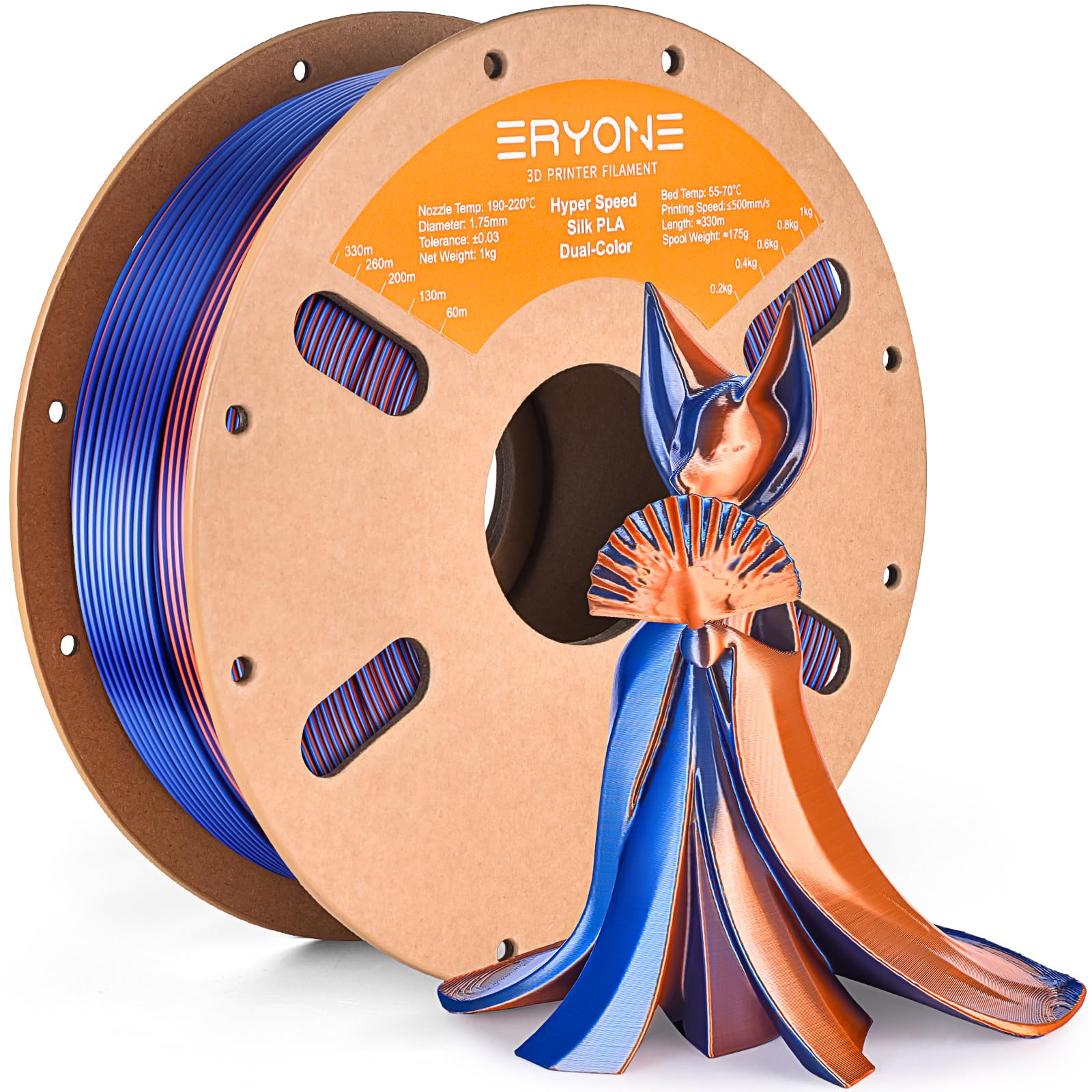 ERYONE HS Silk Dual Color PLA Filament 3D Printer 1.75mm +/- 0.03mm, Hyper Speed Coextrusion Filament PLA Shiny 1kg, HS Silk Dual Orange & Blue