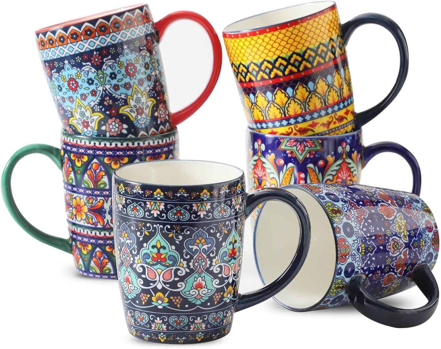 glowworm Coffee Mugs Set of 6, 16 oz Ceramic Coffee Mug with Handle, Large Coffee Cups for Latte, Cappuccino, Milk Dishwasher & Microwave Safe, Bohemian