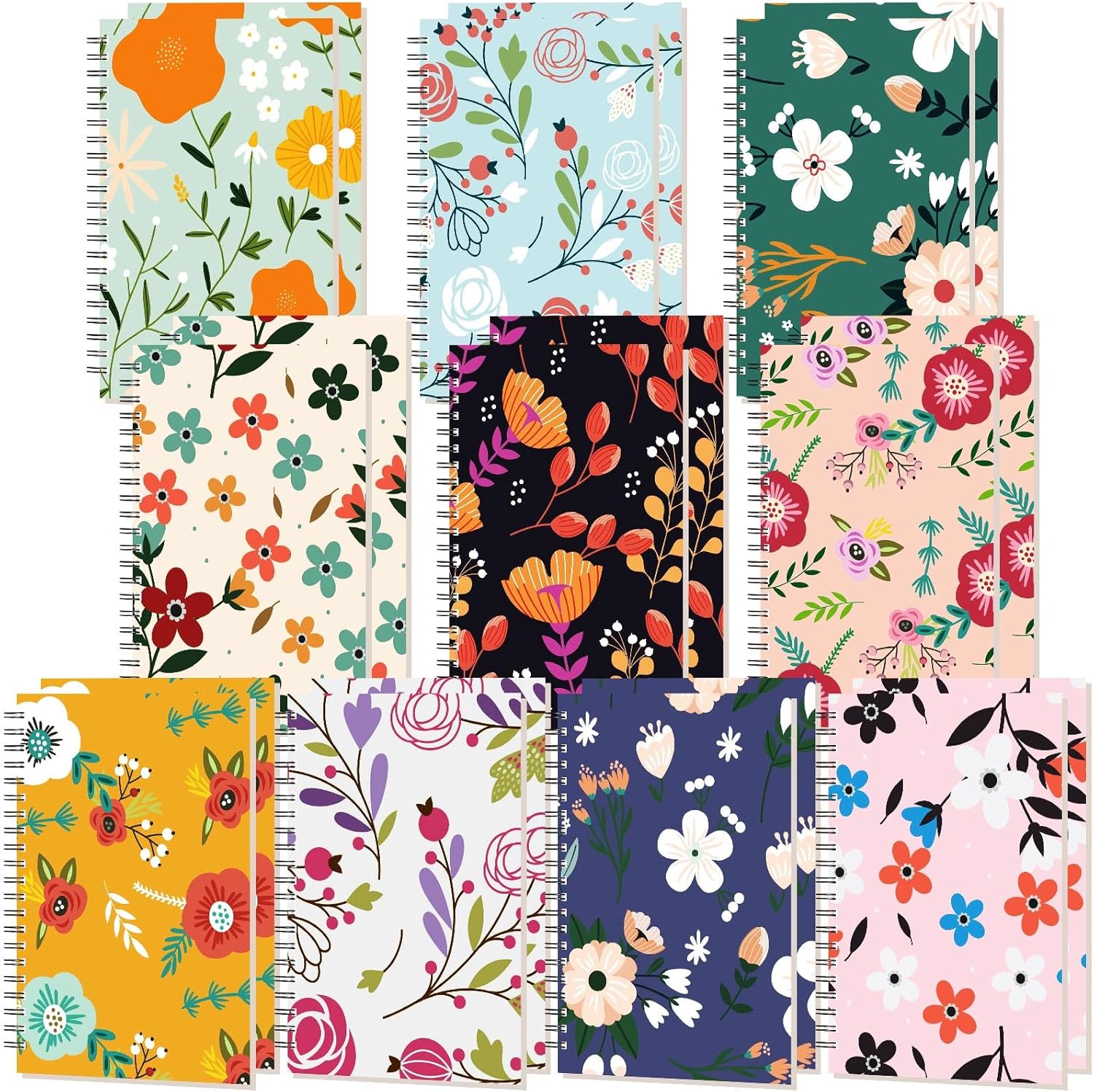 Kosiz 20 Pcs Cute Floral Spiral Notebooks A5 Lined Aesthetic Journal for Women 8.3 x 5.9 in Flower 8mm College Ruled Twin-wire Binding Hardcover Notebook Christmas Gifts Office Supplies 160 Pages
