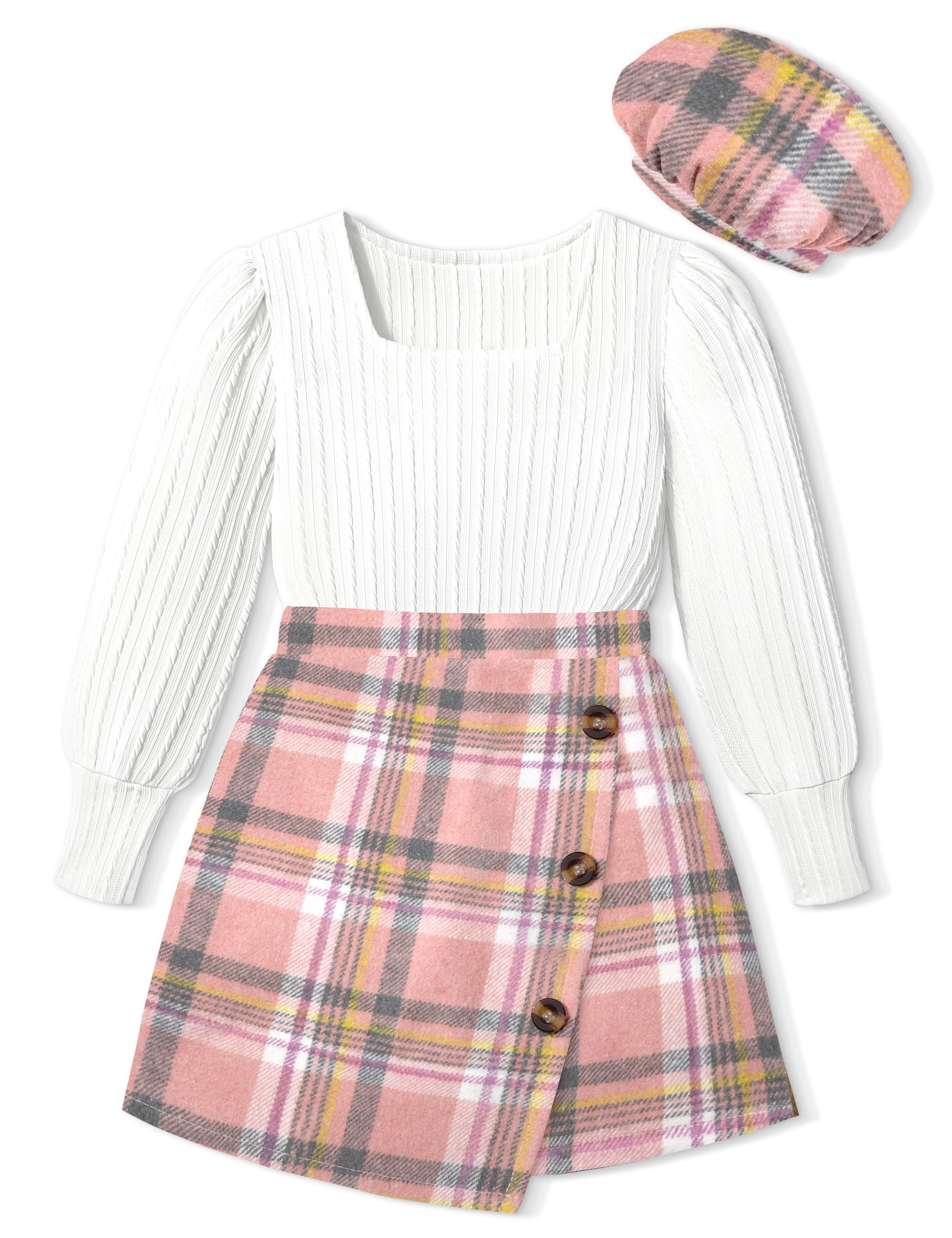 AGAPENG Girl Skirt Sets 3 Piece Outfits Square Neck Jacquard Puff Sleeve Tops Plaid Mini Skirt Shorts Fall Winter Clothes