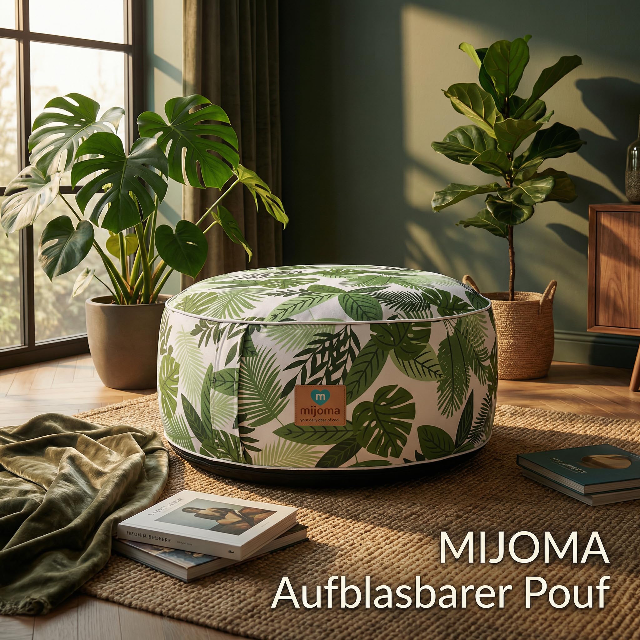 MIJOMA Aufblasbarer Pouf Ø55 x 25 cm – Green Leaves – Leichter Fußhocker für Wohnzimmer und Balkon – wasserabweisend – Sitzhocker und Fußablage