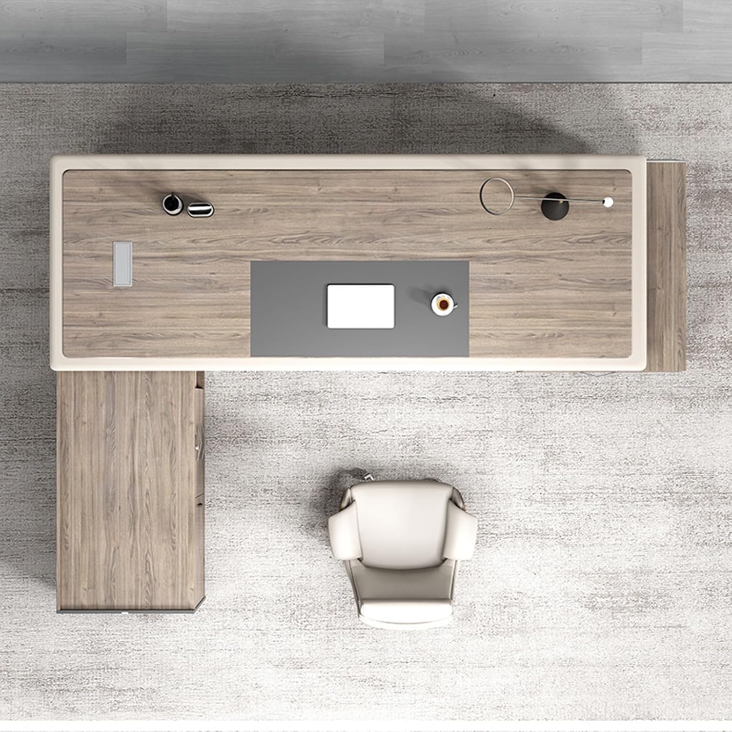 Grey L Shaped Executive Office Desk Computer Desk with Lateral Cabinet Writing Study Table Business Furniture Set for CEO Boss