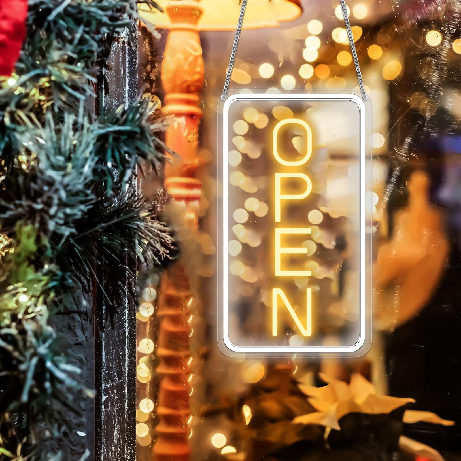 Targa LED Open Neon con adattatore da 12 V on/off, luminosità regolabile, per negozi, bar, salone, negozio e caffetteria, giallo/bianco, segnale al neon sign, 18 x 38 cm, verticale