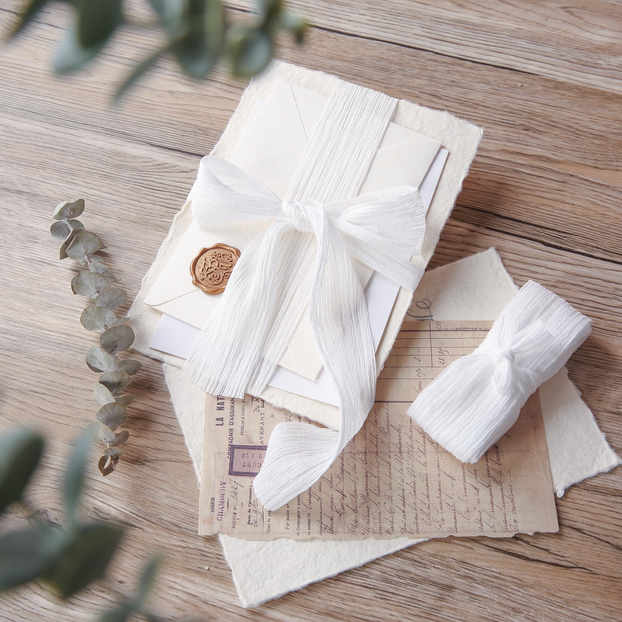 Keypan Cinta de gasa blanca arrugada de 1 1/2 pulgadas, hecha a mano, cinta de seda para ramo de flores de novia, decoración de boda, envoltura de regalos, 3 rollos de 9 yardas