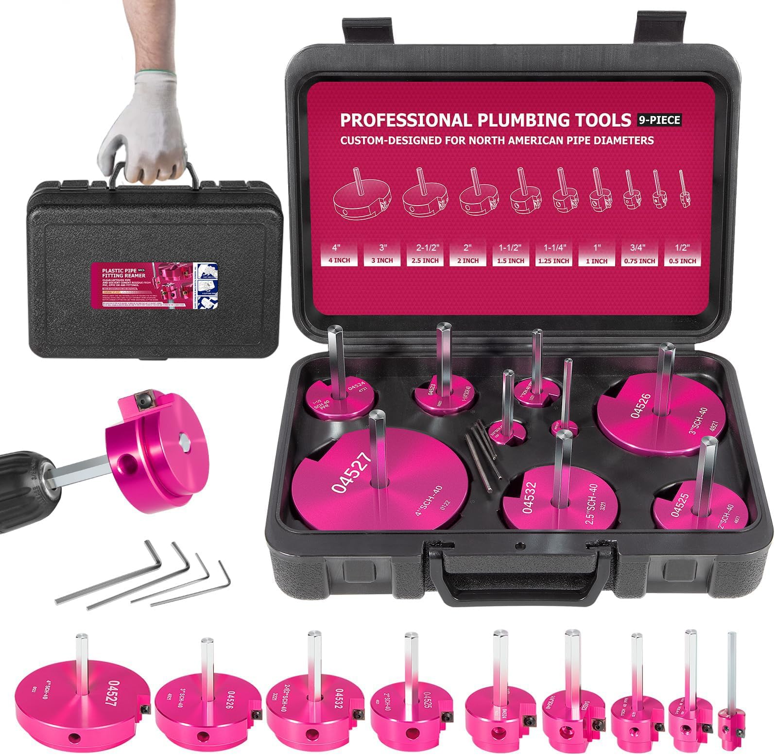 Premium 9-Piece PVC Pipe Reamer Kit, Includes Sizes 1/2", 3/4", 1", 1-1/4", 1-1/2", 2", 2-1/2", 3", 4", For Standard 1/2" Drills, Ideal for PVC, CPVC, ABS Pipes, Perfect for Plumbing Repairs