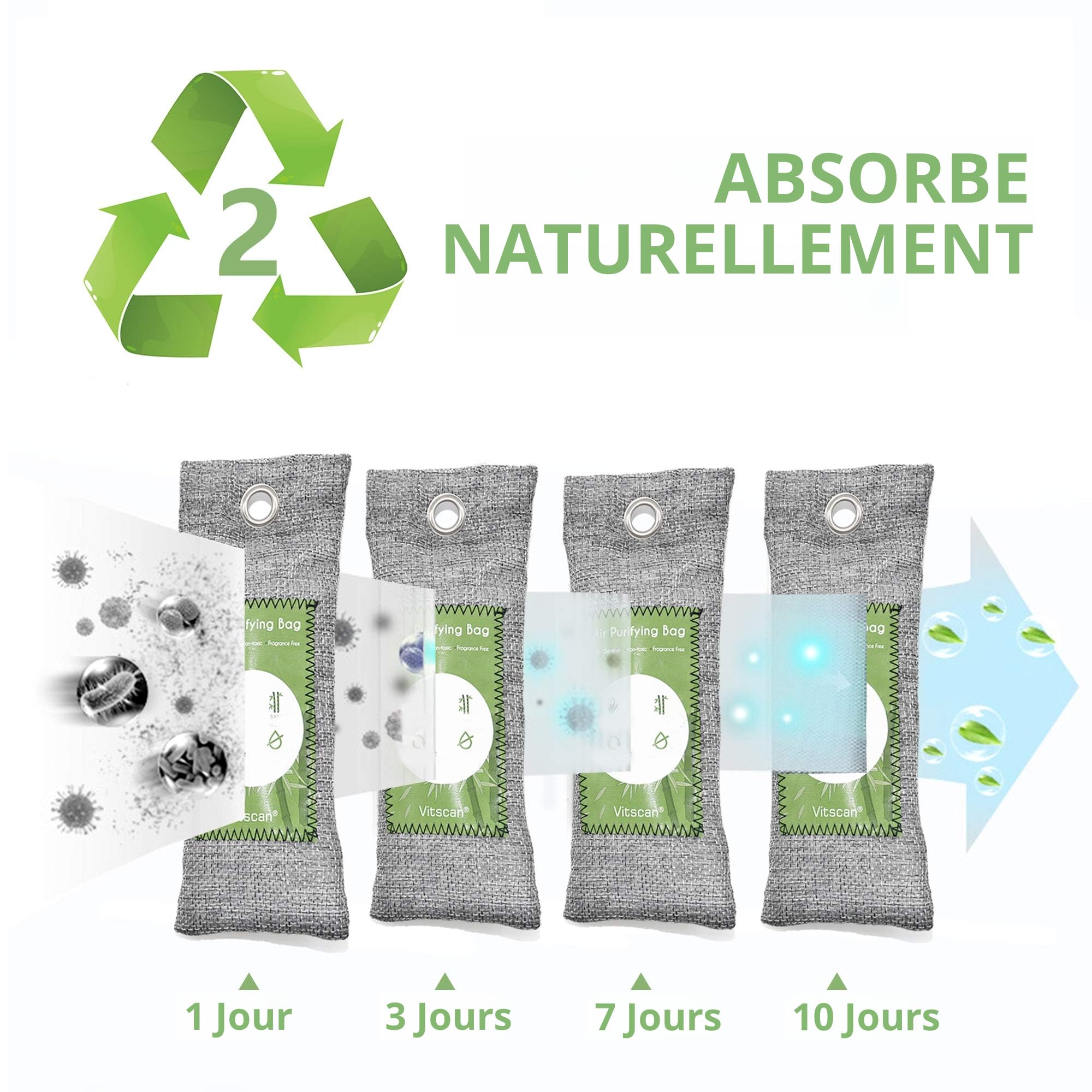 Lot de 6 sacs purificateurs d'air au charbon de bambou - Absorbeur d'odeurs - Absorbeur d'odeurs - Désodorisant naturel pour voiture - Éliminateurs d'odeurs pour la maison, les animaux de compagnie,