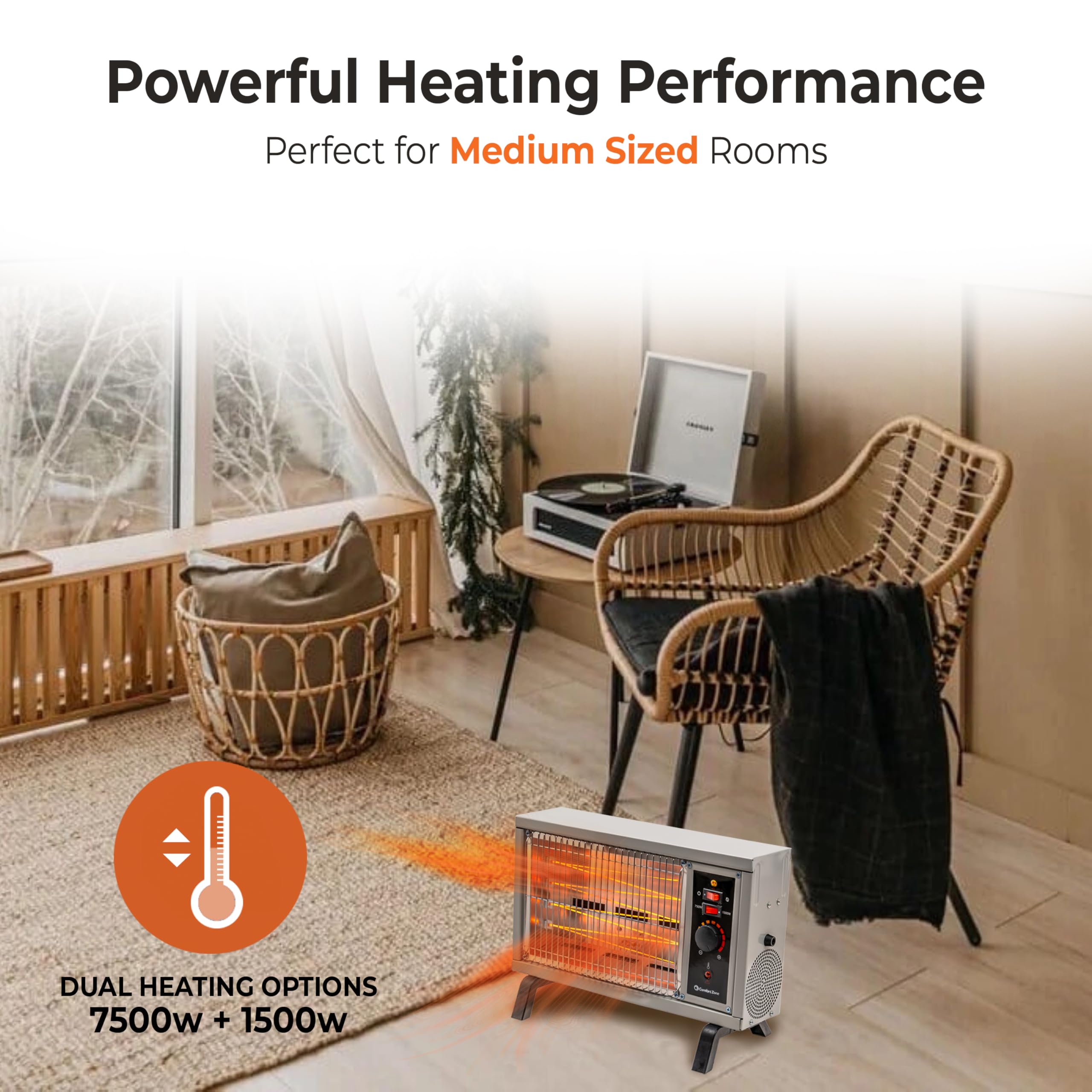 Comfort Zone Portable Indoor Radiant Space Heater, 1500 watts, Adjustable Thermostat, All Metal Body, Wire Element, Overheat Protection, Radiant Heat, Ideal for Home, Garage, or Workshop, White