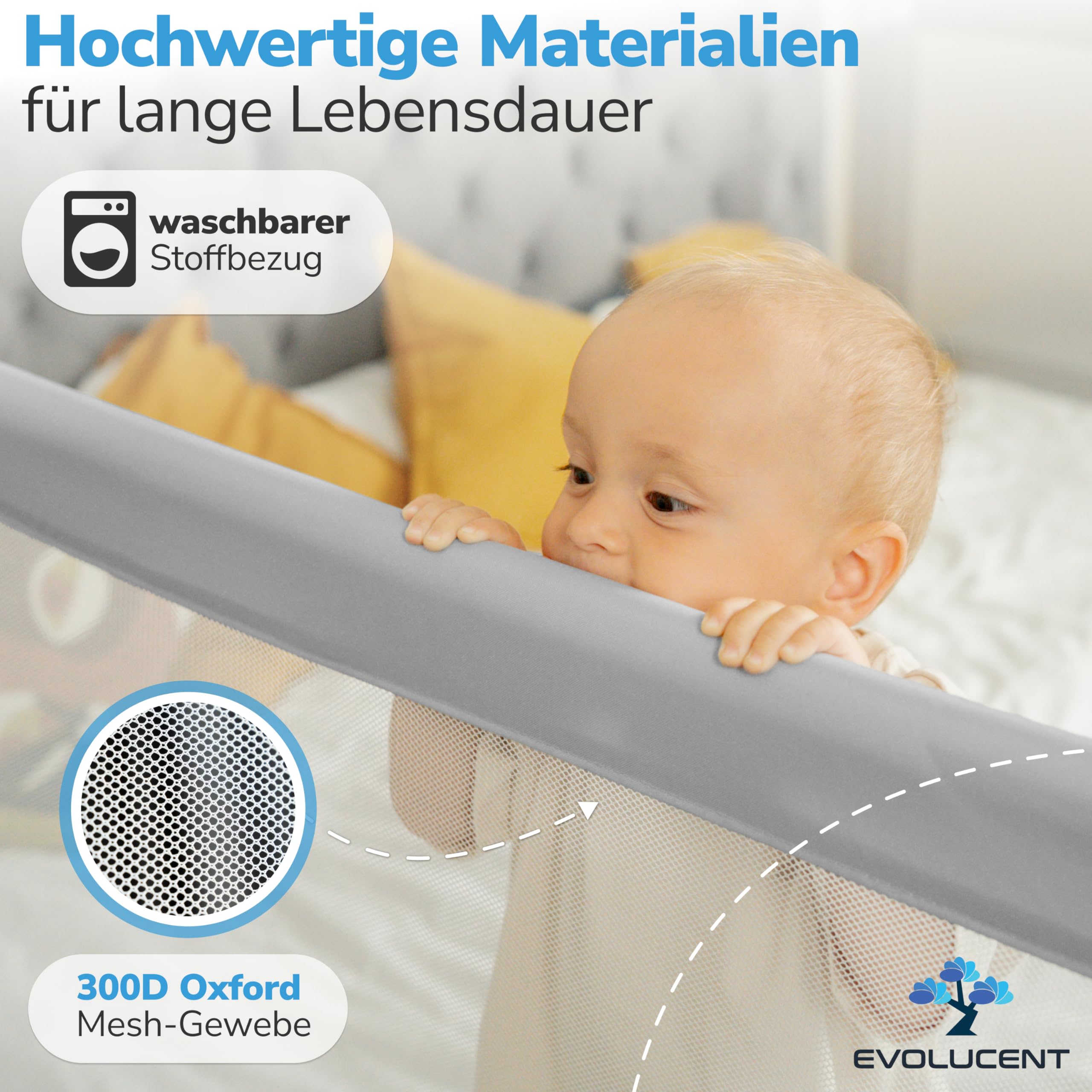 EVOLUCENT Bettgitter 200cm | Stabil ohne Verschrauben | Rausfallschutz für Boxspringbett und Elternbett | Bettschutzgitter mit Klett- und Klickgurten | Waschbares Mesh [1 Seitenteil]