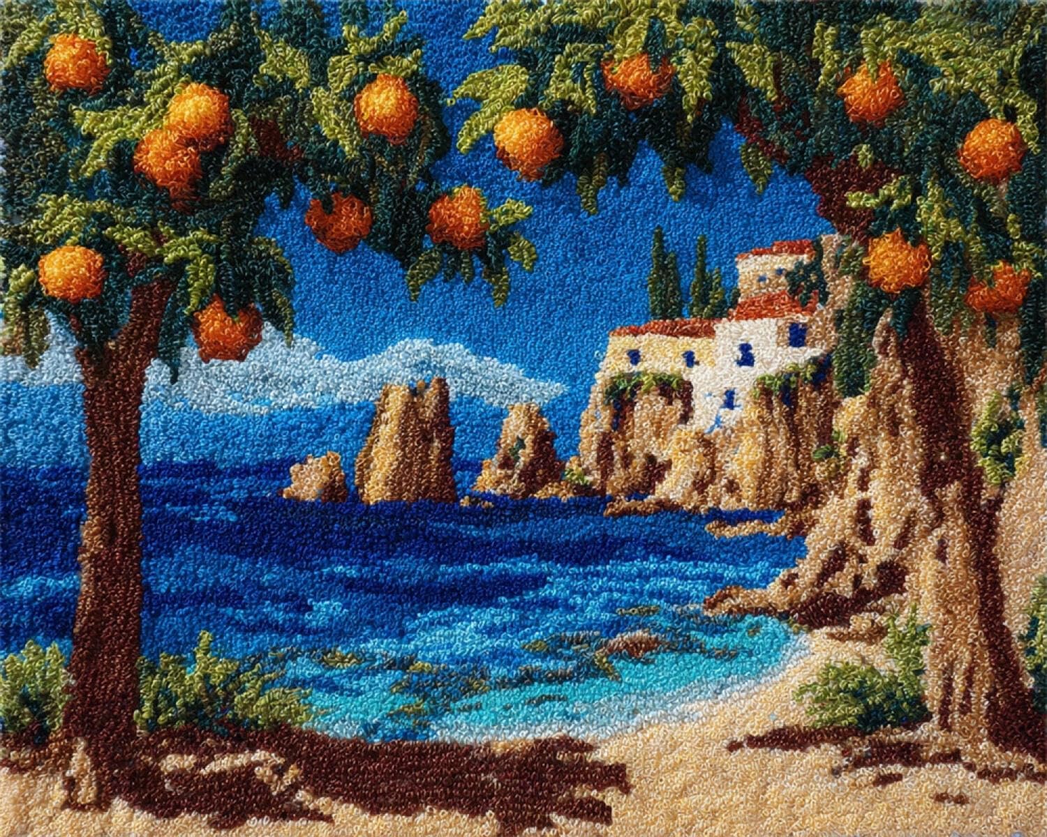 Henypt Color Diy Latch Hook Rug Kit The Sea And Fruit Trees 55X75cm